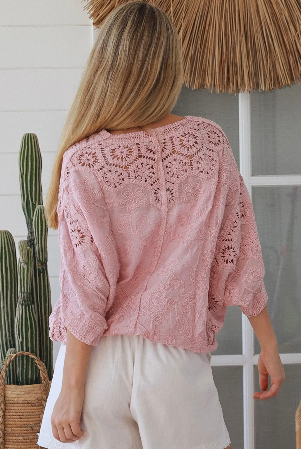 Embroidered cotton crochet boho top with half sleeves and button-front oversized fit - Bohemian Love Runway Australia.