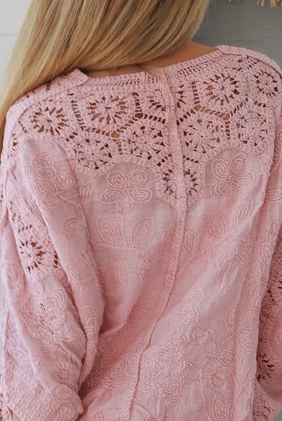 Embroidered cotton crochet boho top with half sleeves and button-front oversized fit - Bohemian Love Runway Australia.