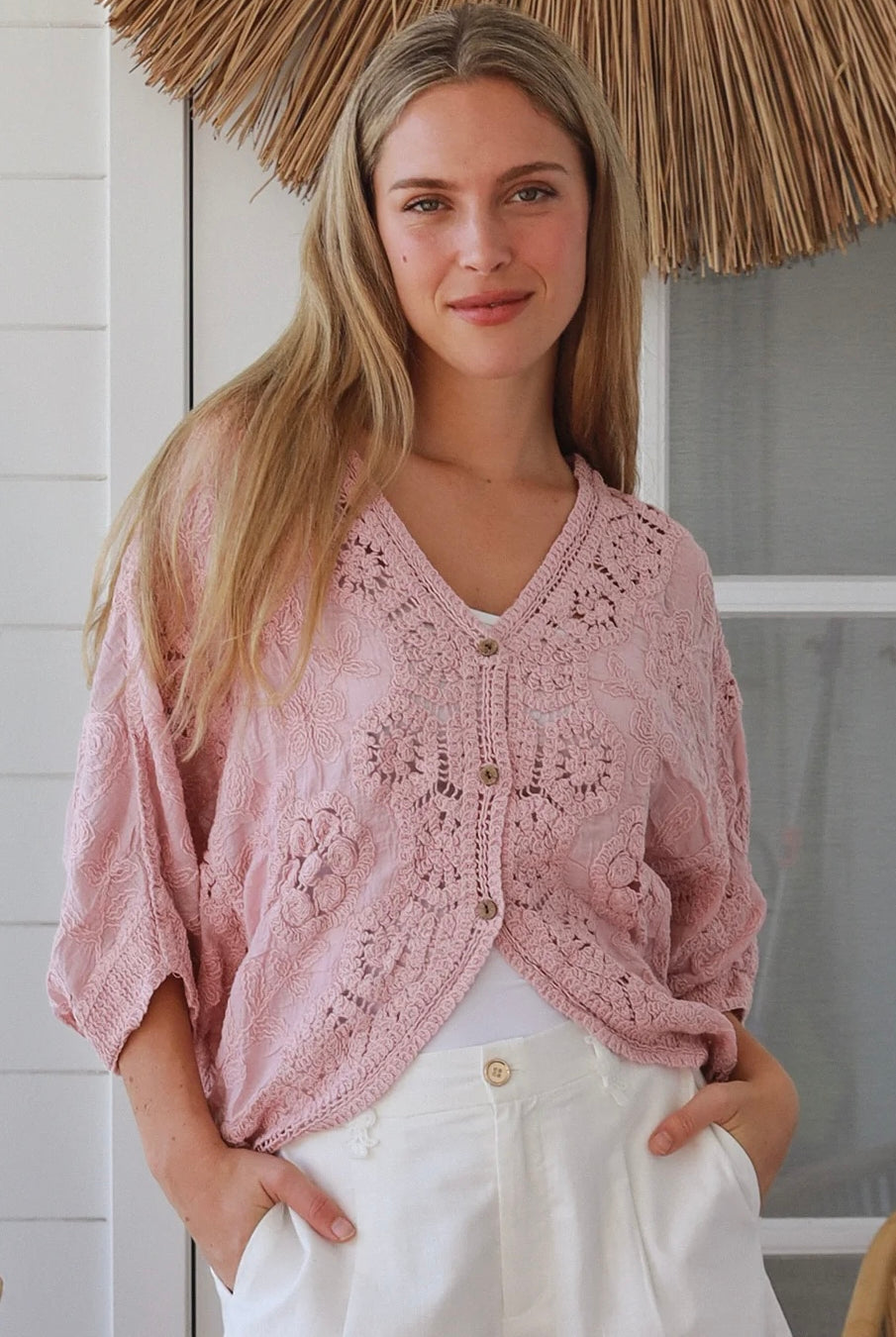 Embroidered cotton crochet boho top with half sleeves and button-front oversized fit - Bohemian Love Runway Australia.