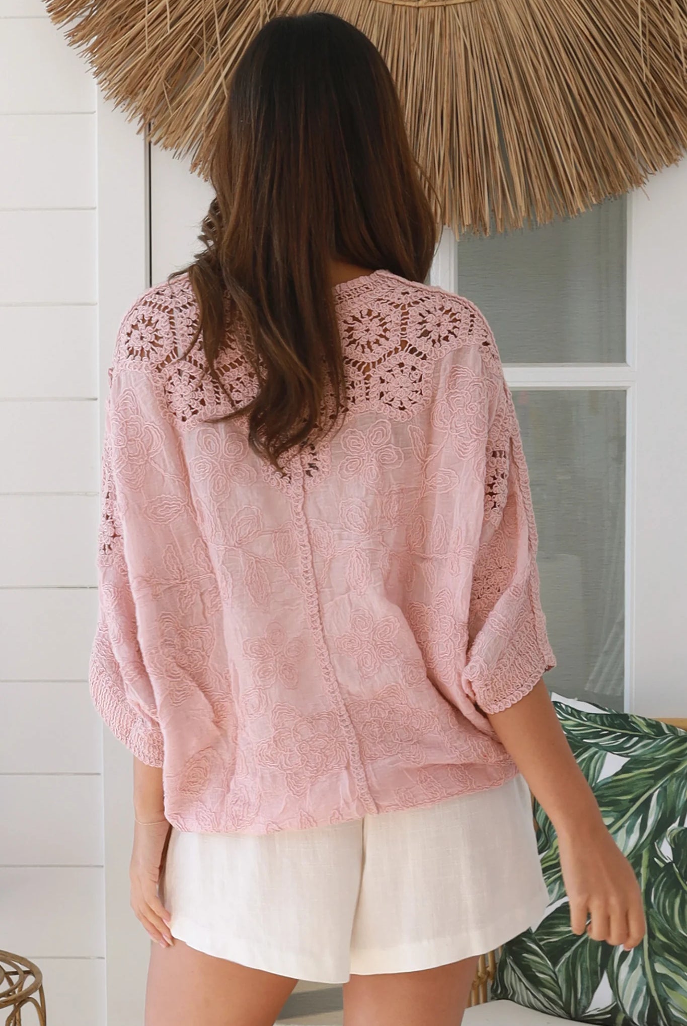 Embroidered cotton crochet boho top with half sleeves and button-front oversized fit - Bohemian Love Runway Australia.
