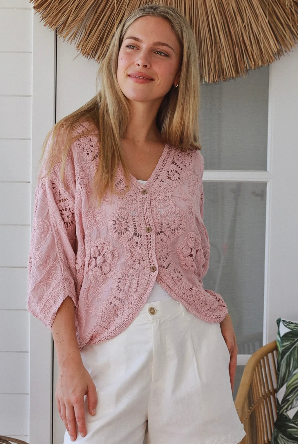 Embroidered cotton crochet boho top with half sleeves and button-front oversized fit - Bohemian Love Runway Australia.
