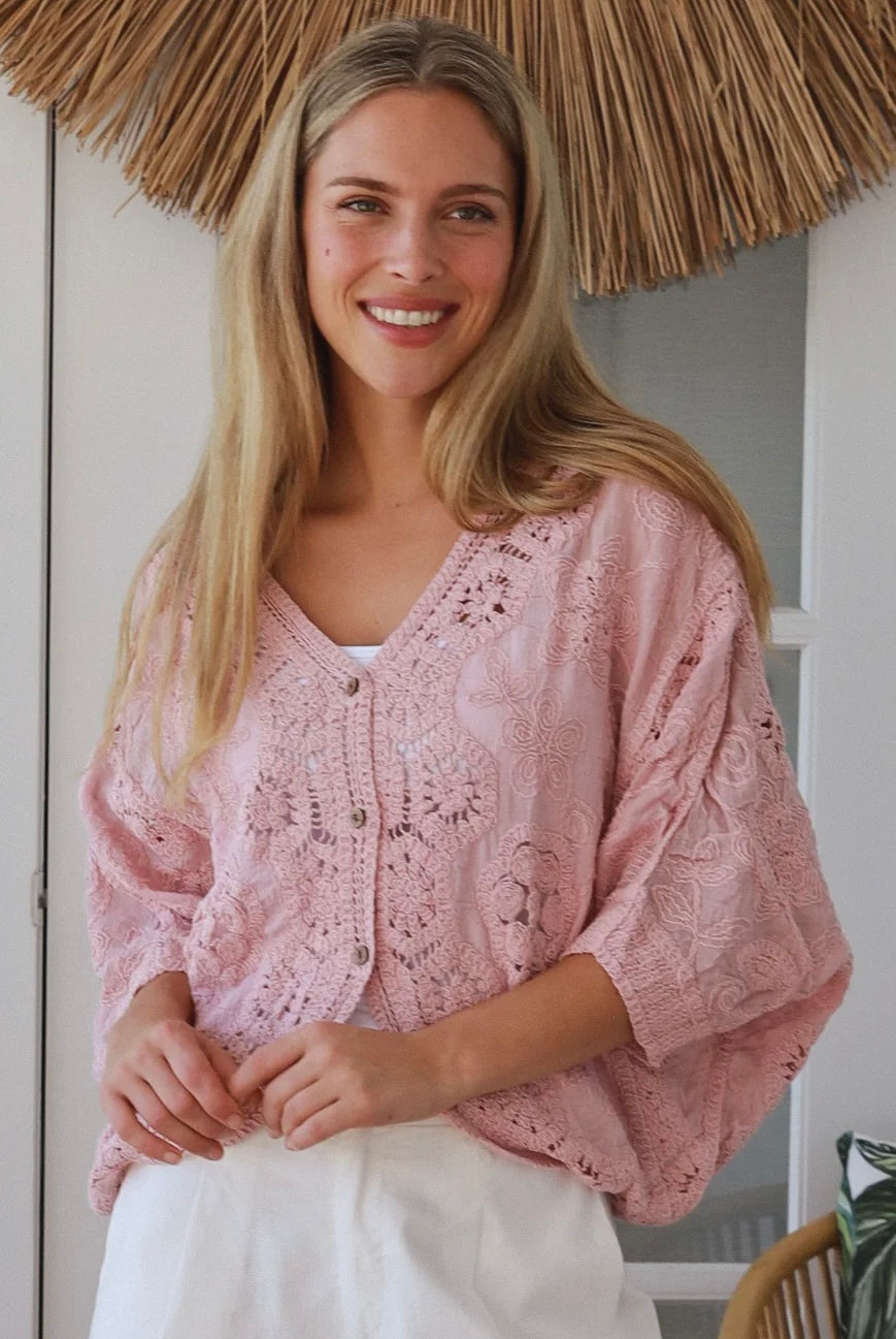 Embroidered cotton crochet boho top with half sleeves and button-front oversized fit - Bohemian Love Runway Australia.