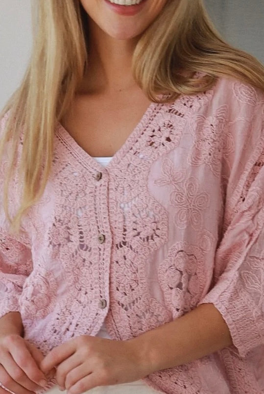 Embroidered cotton crochet boho top with half sleeves and button-front oversized fit - Bohemian Love Runway Australia.
