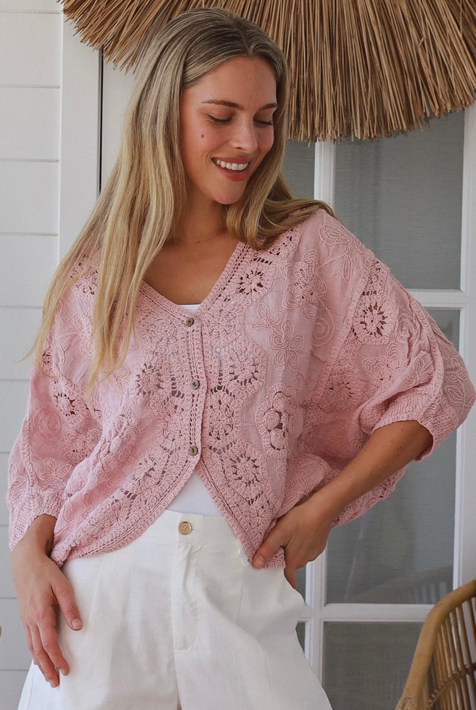 Embroidered cotton crochet boho top with half sleeves and button-front oversized fit - Bohemian Love Runway Australia.
