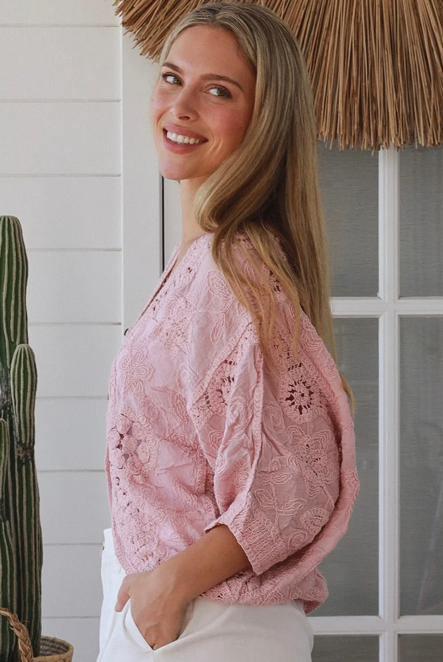 Embroidered cotton crochet boho top with half sleeves and button-front oversized fit - Bohemian Love Runway Australia.