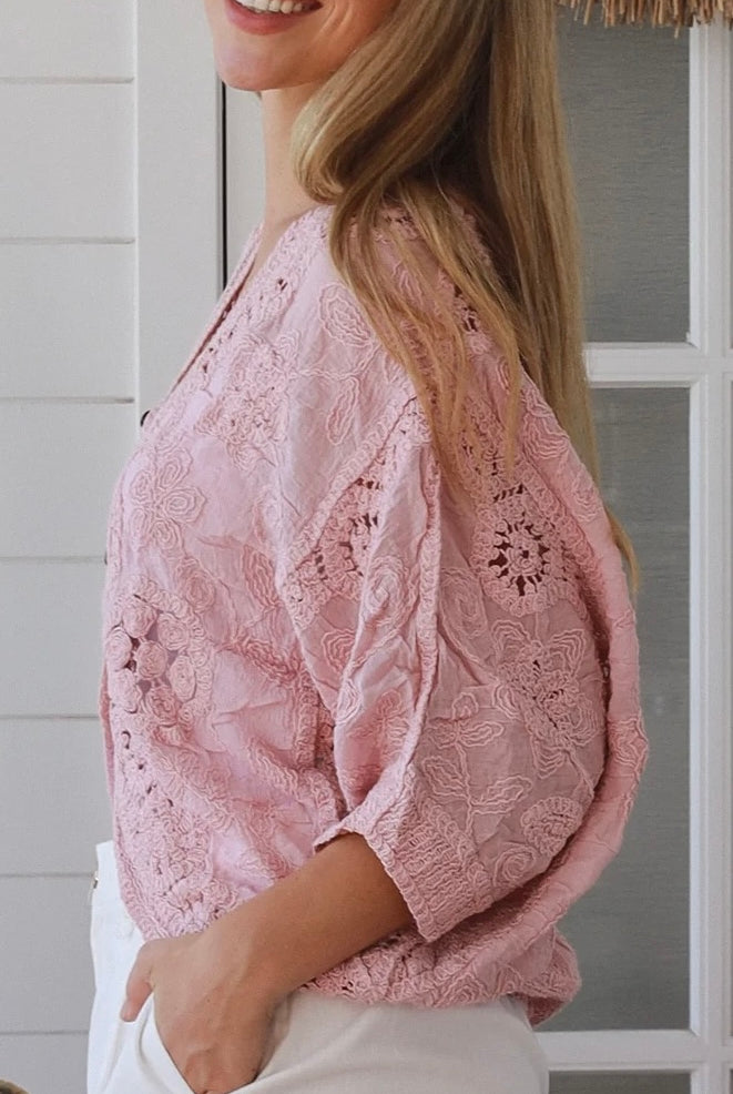 Embroidered cotton crochet boho top with half sleeves and button-front oversized fit - Bohemian Love Runway Australia.