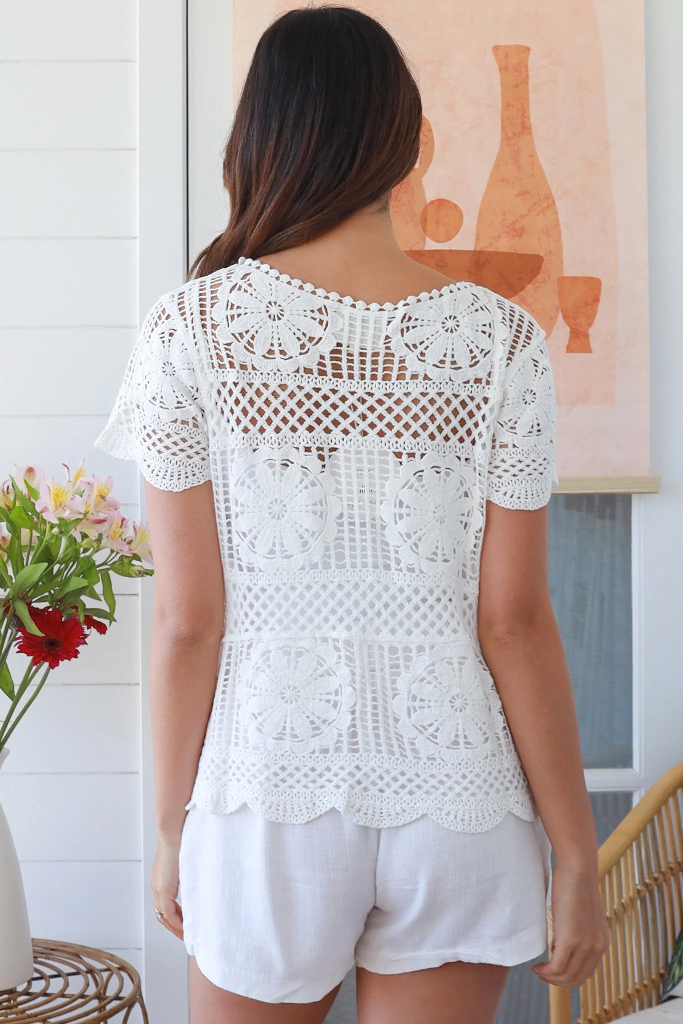 White cotton crochet top with mandala motifs scalloped sleeves and peplum hem – boho summer fashion