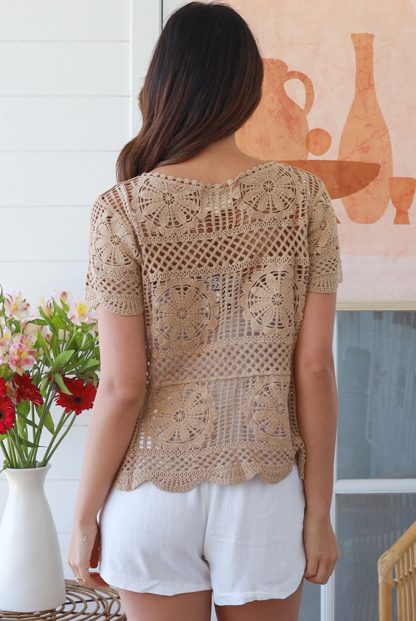 Coco boho crochet top in warm neutral cotton — vintage lace design, breathable summer style — Boho Crochet Australia.
