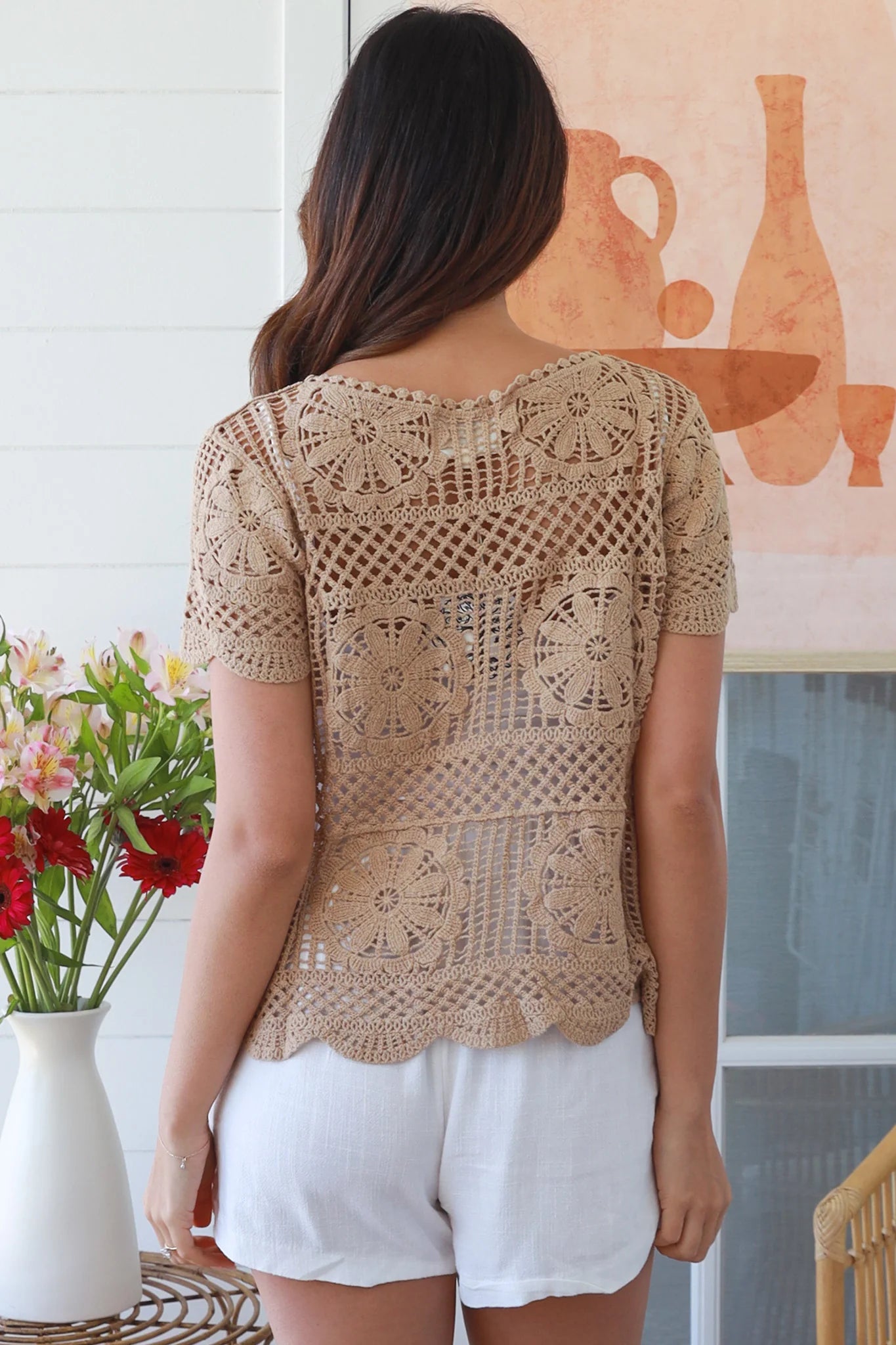 Coco boho crochet top in warm neutral cotton — vintage lace design, breathable summer style — Boho Crochet Australia.