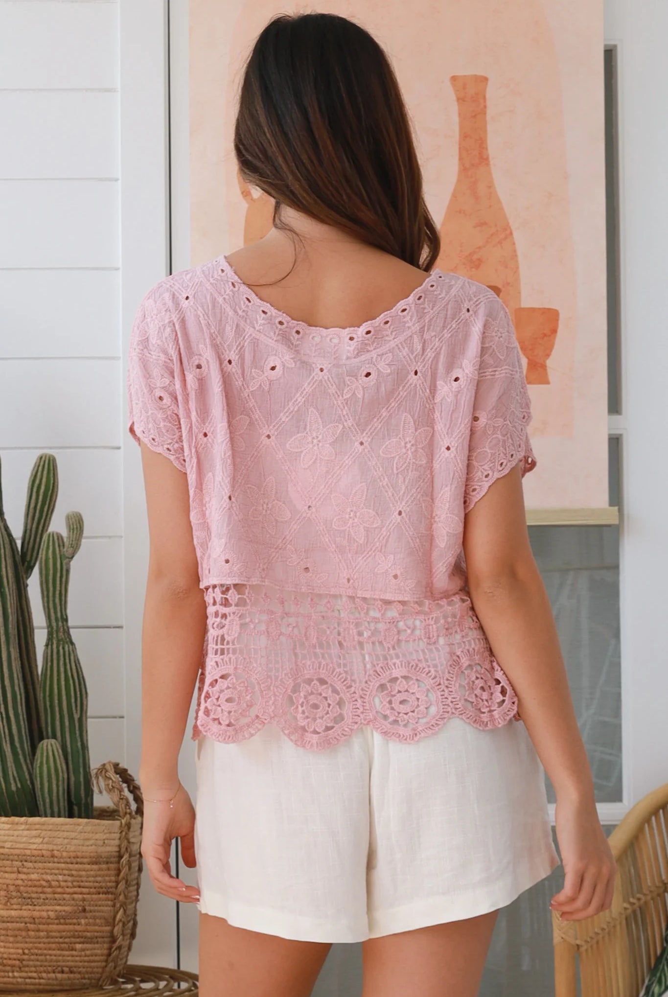 Pink embroidered cotton crochet top with round neck and scalloped lace hem – boho fashion Australia.