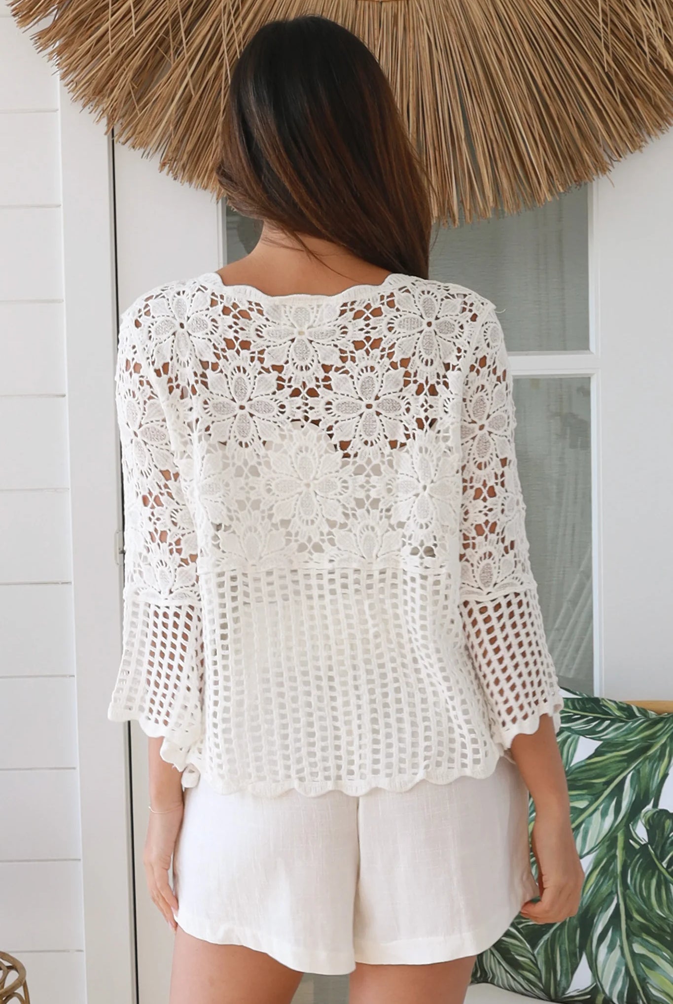 White cotton crochet boho top with scalloped edges, honeycomb crochet, flare three-quarter sleeves - Willow Top Australia