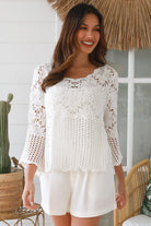 White cotton crochet boho top with scalloped edges, honeycomb crochet, flare three-quarter sleeves - Willow Top Australia