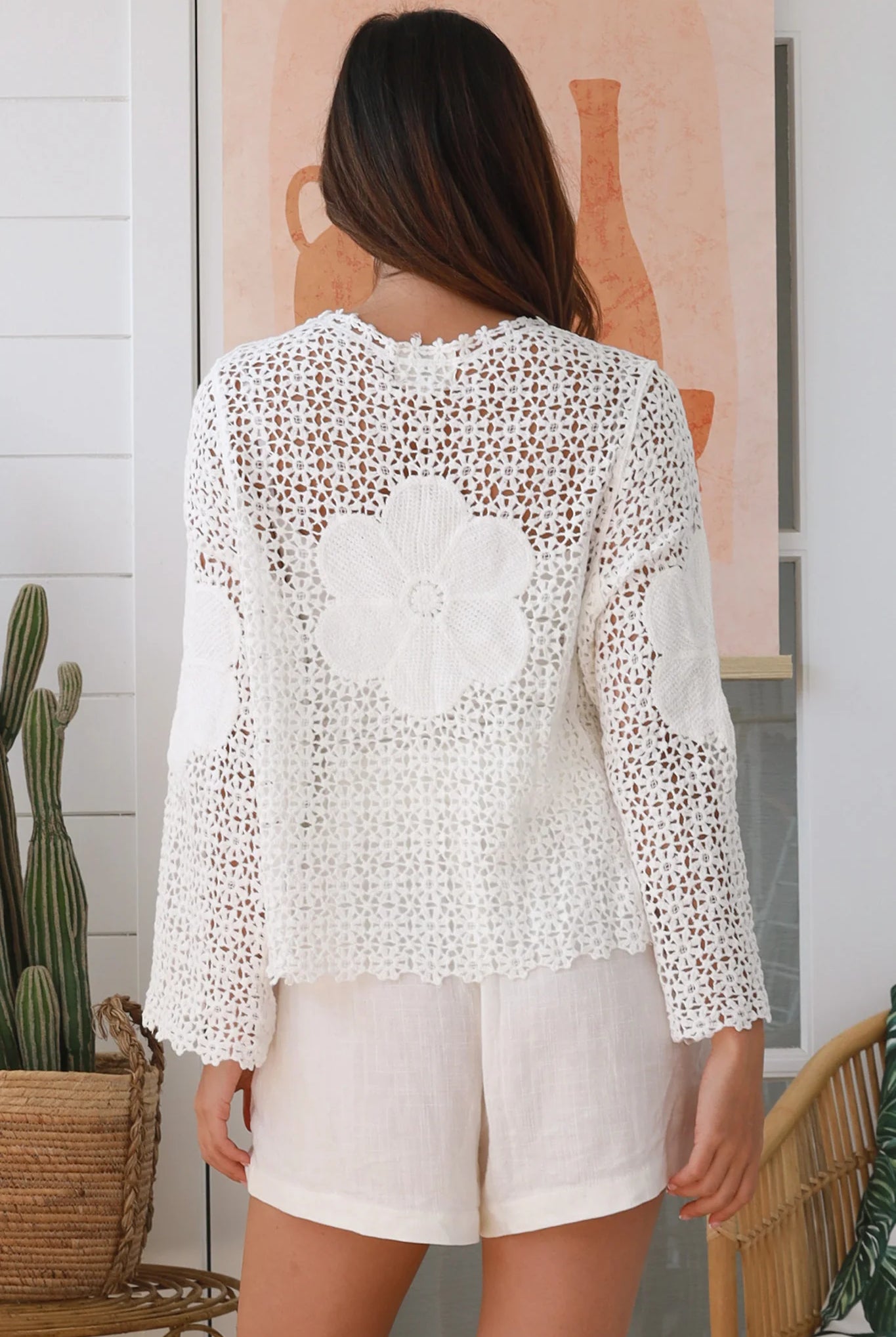 Boho white cotton crochet flare sleeve top with scalloped neckline and bell sleeves - long sleeve crochet top Australia