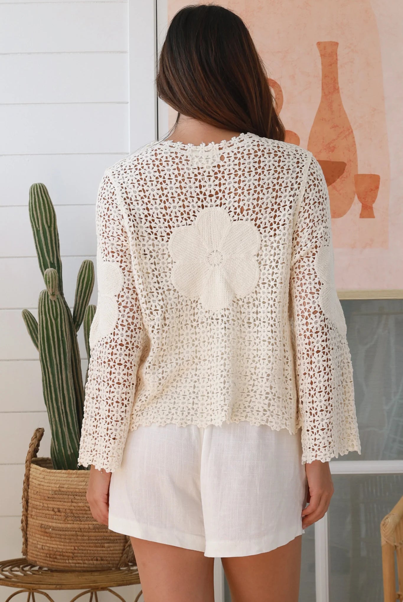 Cream cotton crochet long sleeve boho top with bell sleeves and scalloped daisy neckline Australia