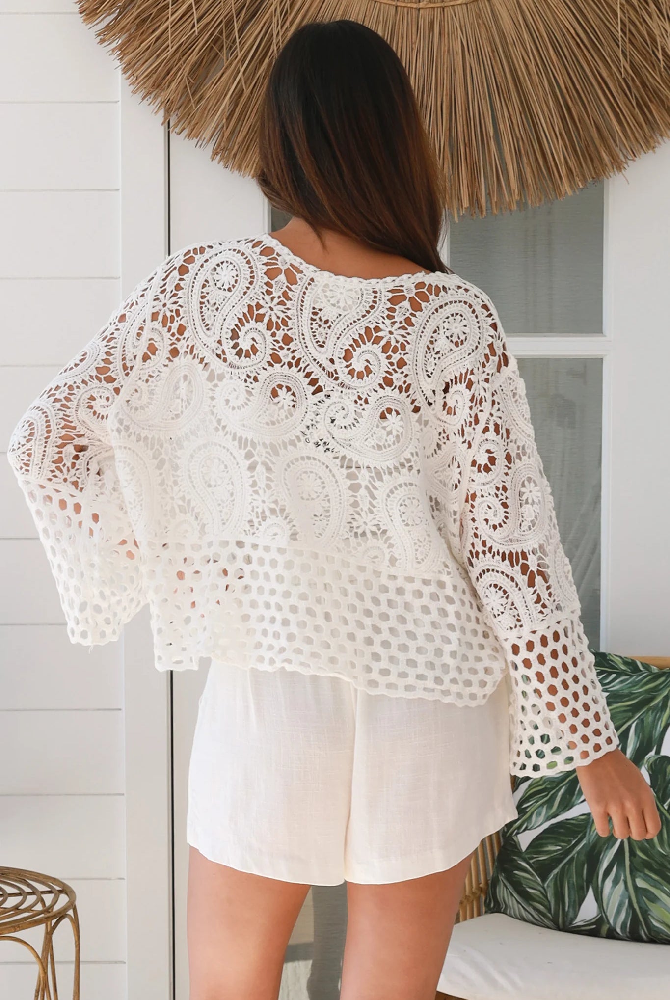 Serenata Crochet Jacket white 100% cotton with intricate crochet cotton lacework, tie front closure and wide sleeves - boho jacket Australia