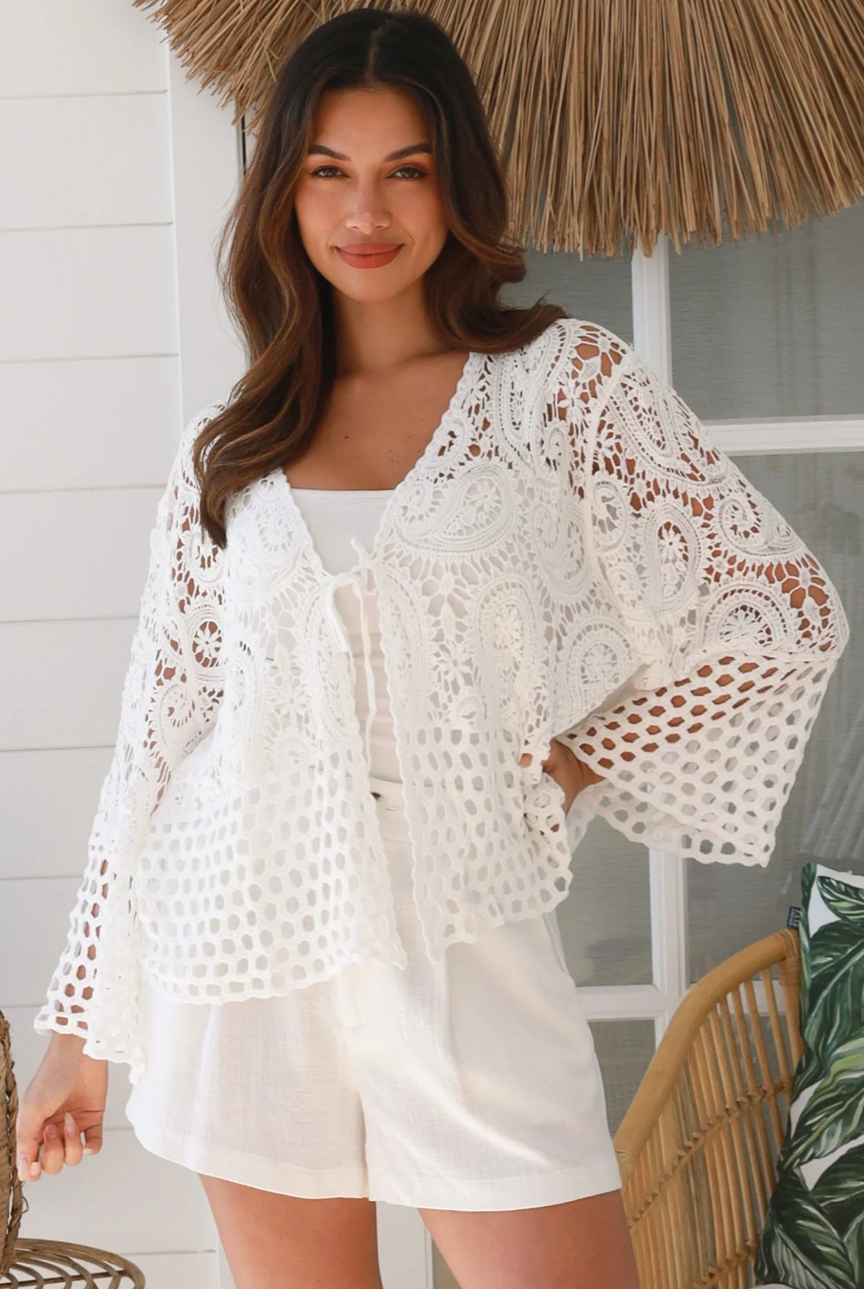 Serenata Crochet Jacket white 100% cotton with intricate crochet cotton lacework, tie front closure and wide sleeves - boho jacket Australia