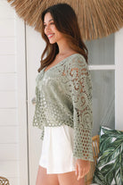Sage green boho crochet jacket with paisley floral design and honeycomb lace hem - one size AU 8-14