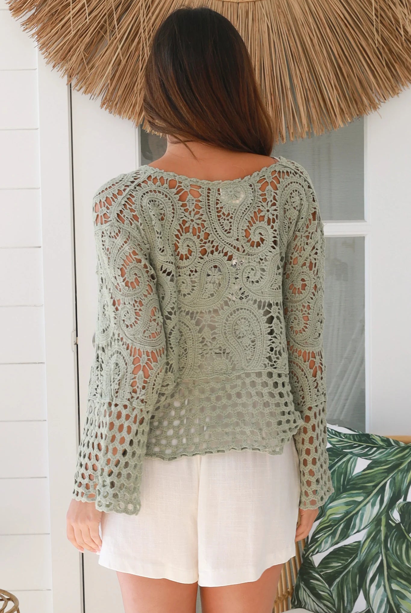 Sage green boho crochet jacket with paisley floral design and honeycomb lace hem - one size AU 8-14