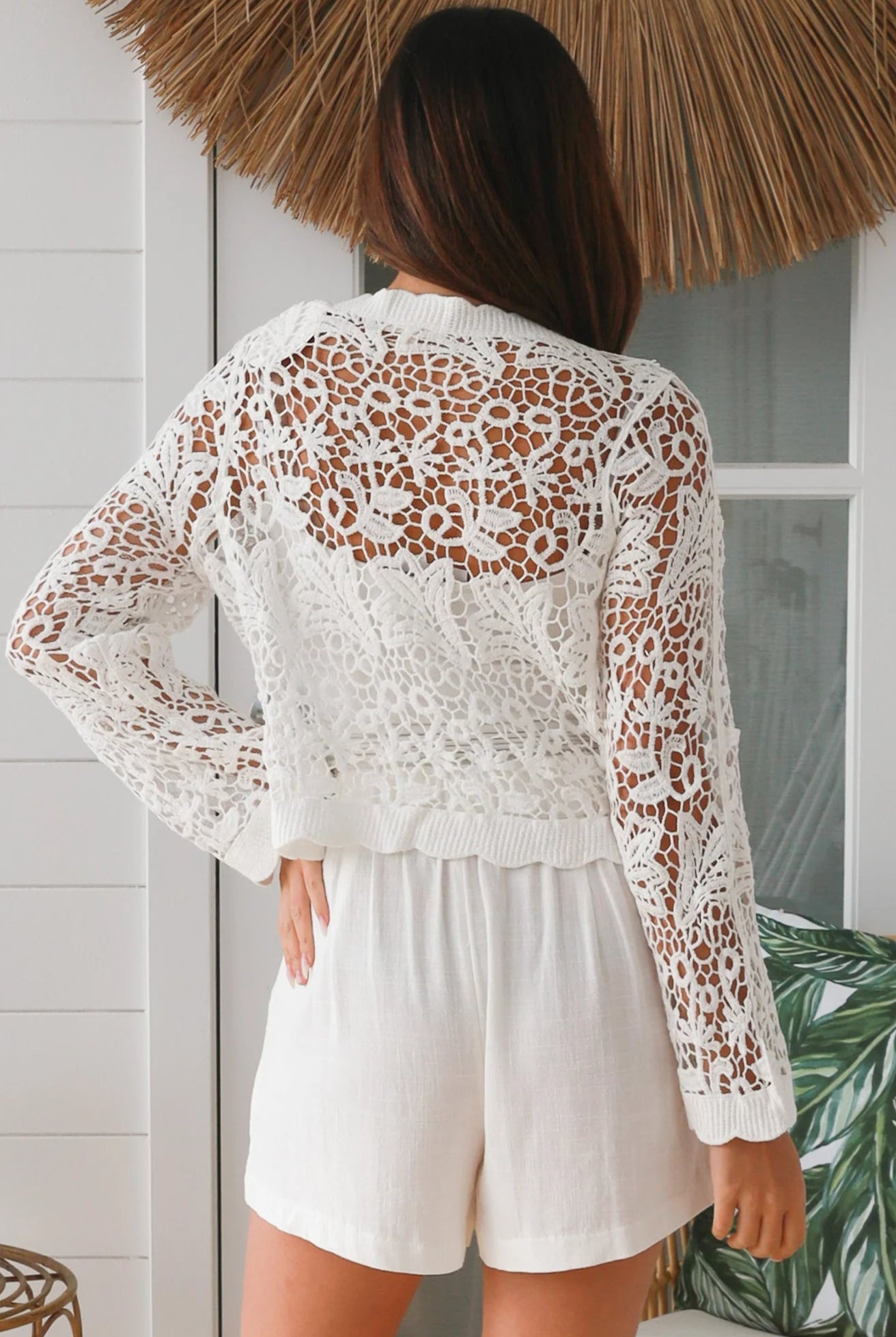 Lucia Crochet Cotton Jacket - white floral crochet with v-neck, button-through front, scalloped edges and flared sleeves - boho style.