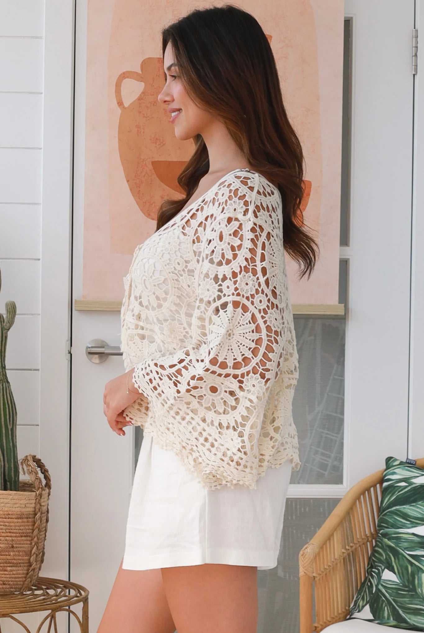 Cream crochet boho top with dramatic bell sleeves - 100% cotton one size fits 8-14 - bohemian fashion Australia