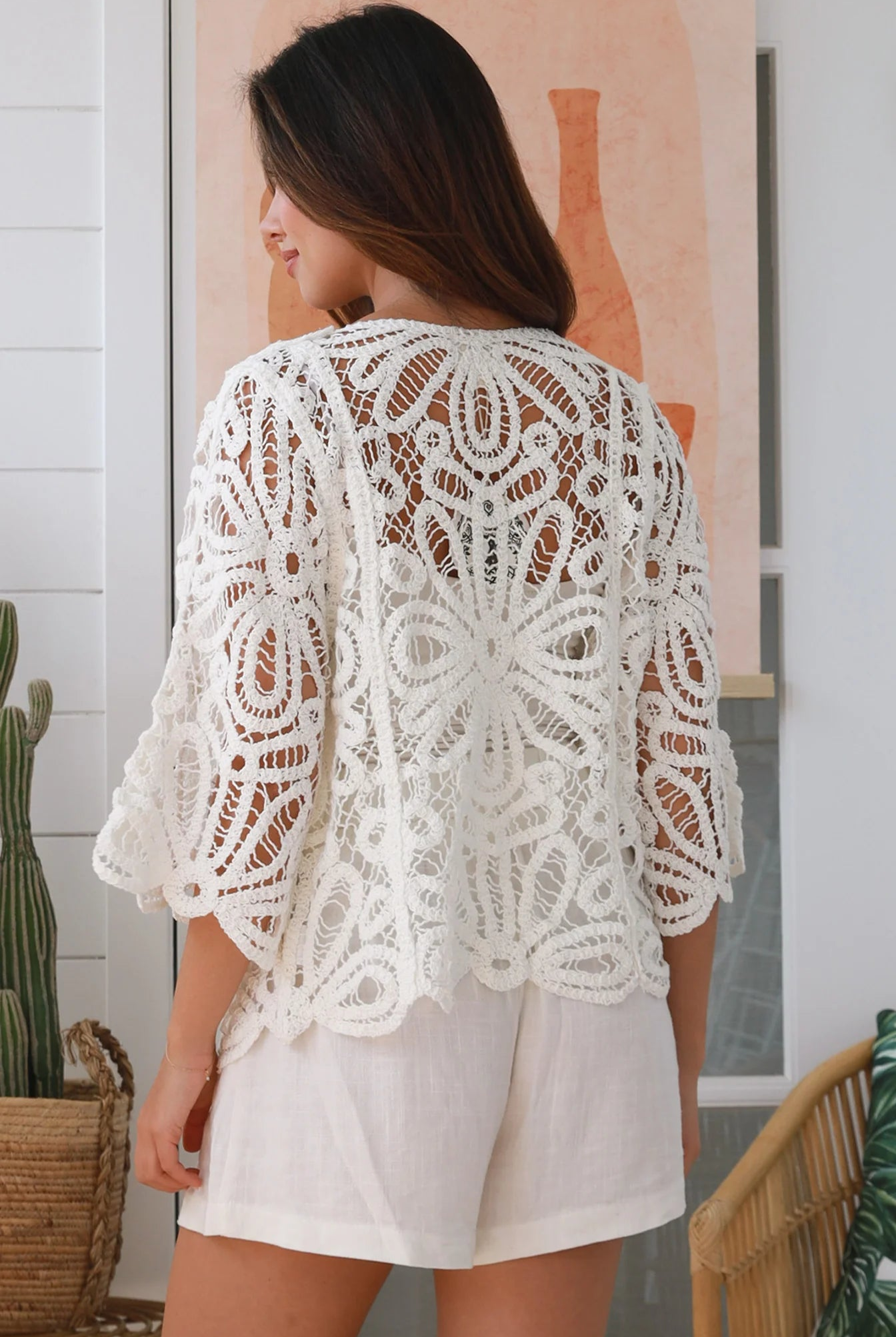 Lucille crochet cotton jacket with wide three-quarter sleeves and tie front - boho cardigan layering in 100% cotton