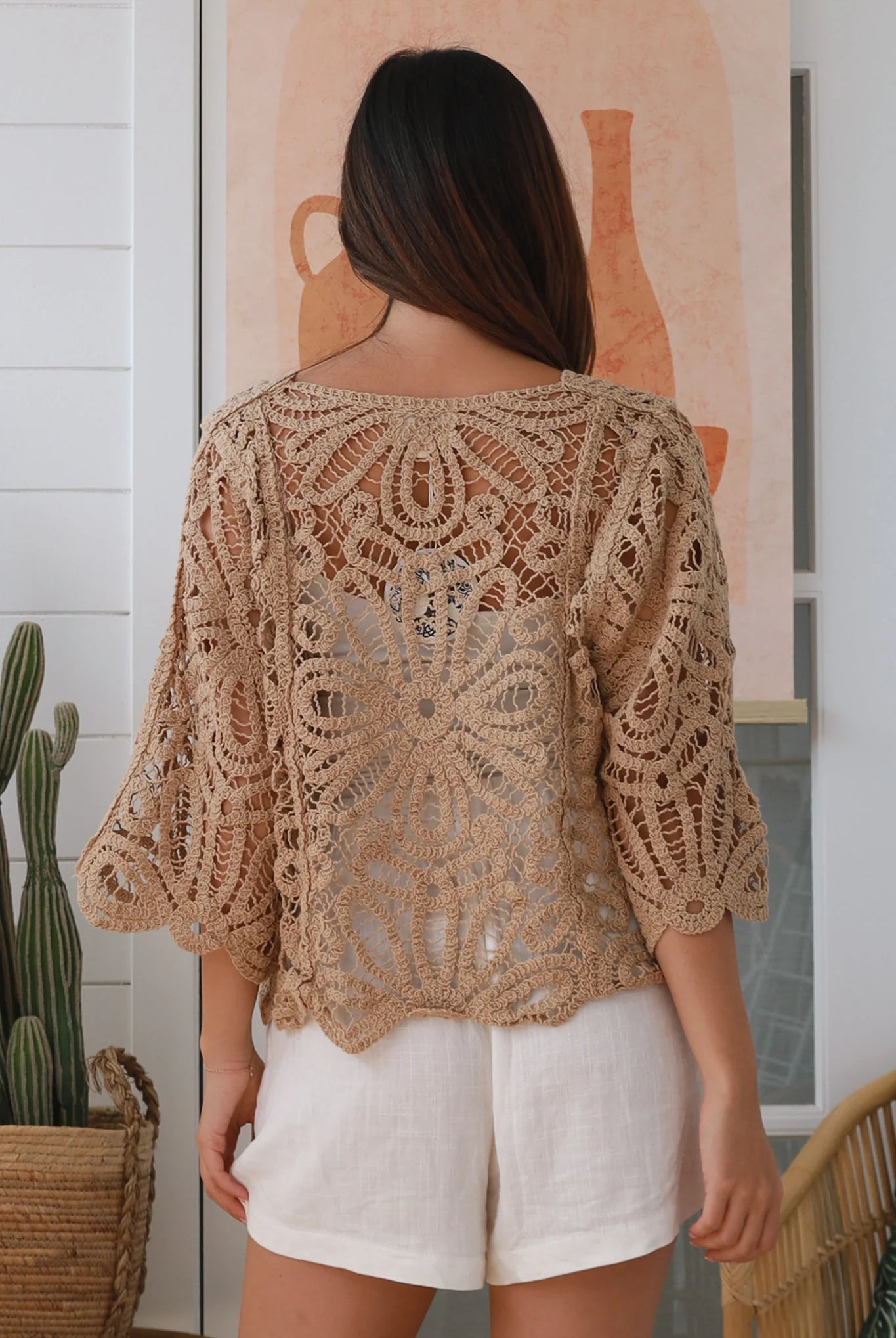 Woman wearing mocha cotton crochet tie-front jacket - boho crochet cardigan Australia