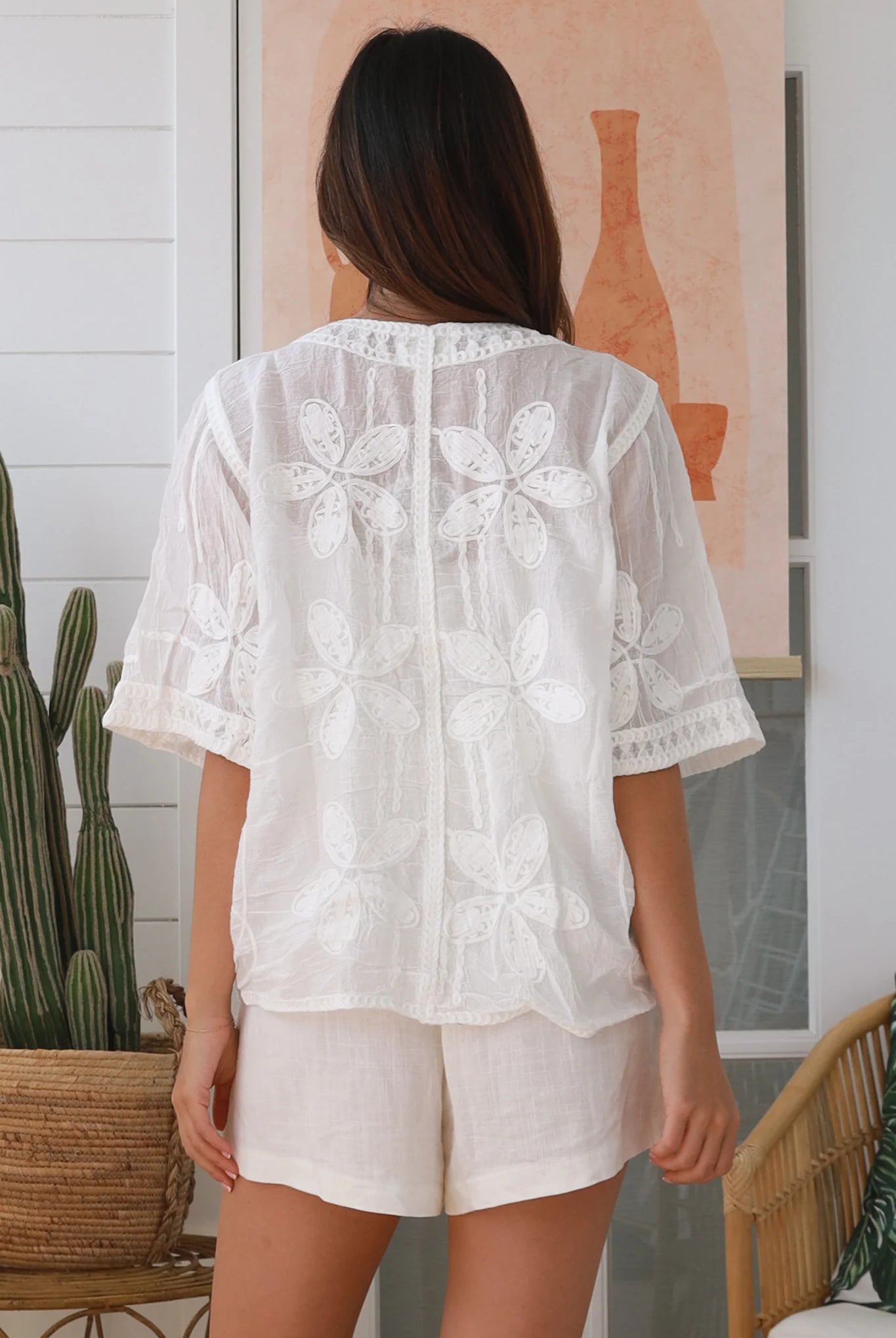 Zoe embroidered white cotton top with crochet trim and button front - refined boho chic blouse Australia