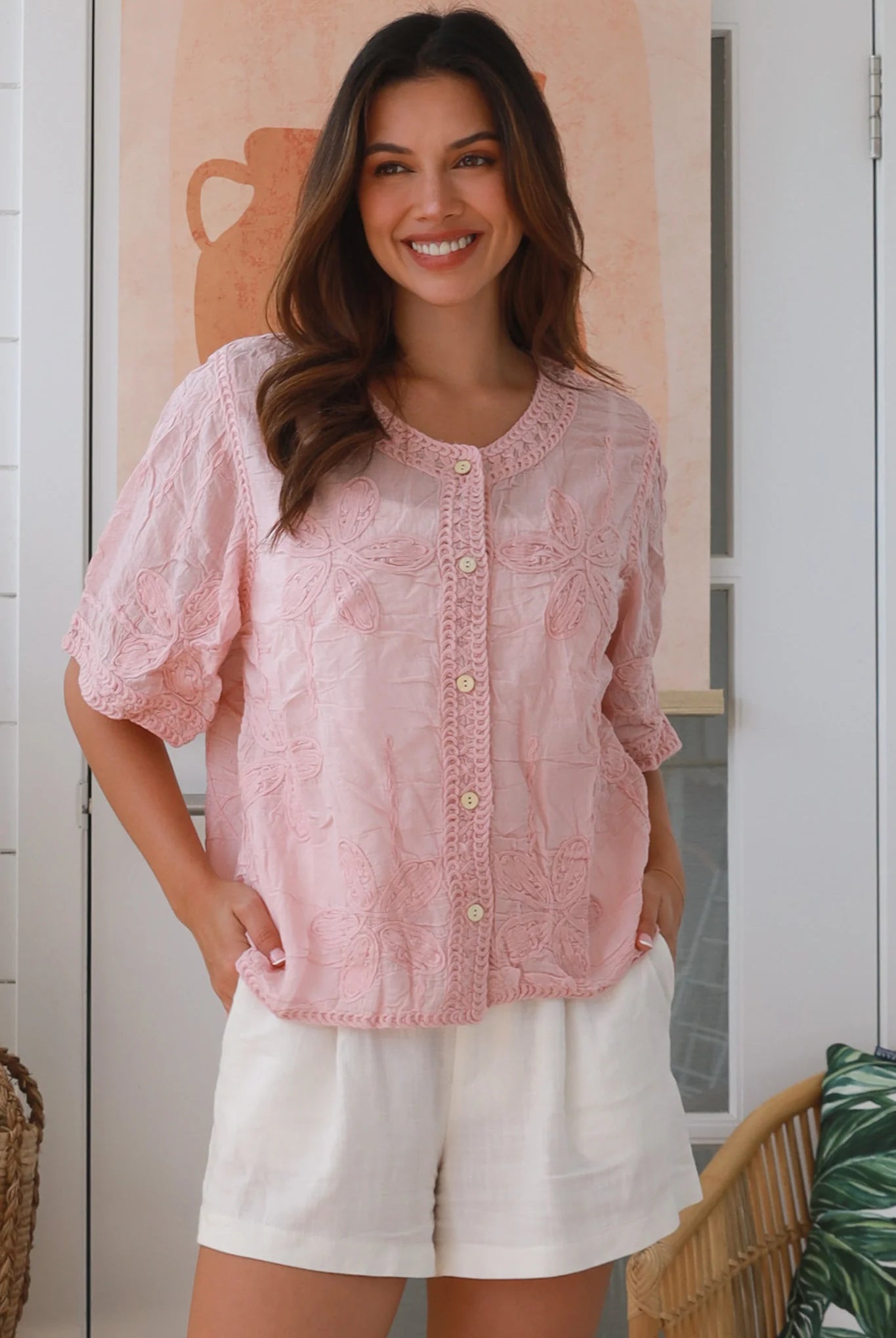 Zoe embroidered pink cotton top with crochet trim and button front - boho chic blouse Australia