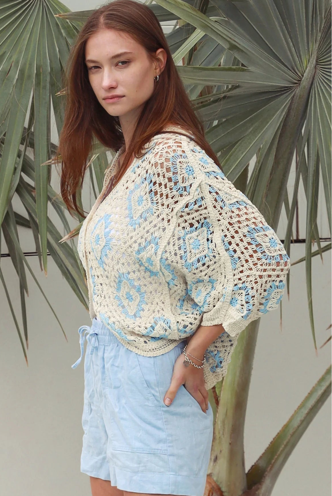 Cotton crochet cardigan with blue diamond detailing dropped shoulders V neck button front Australia Boho Fashion