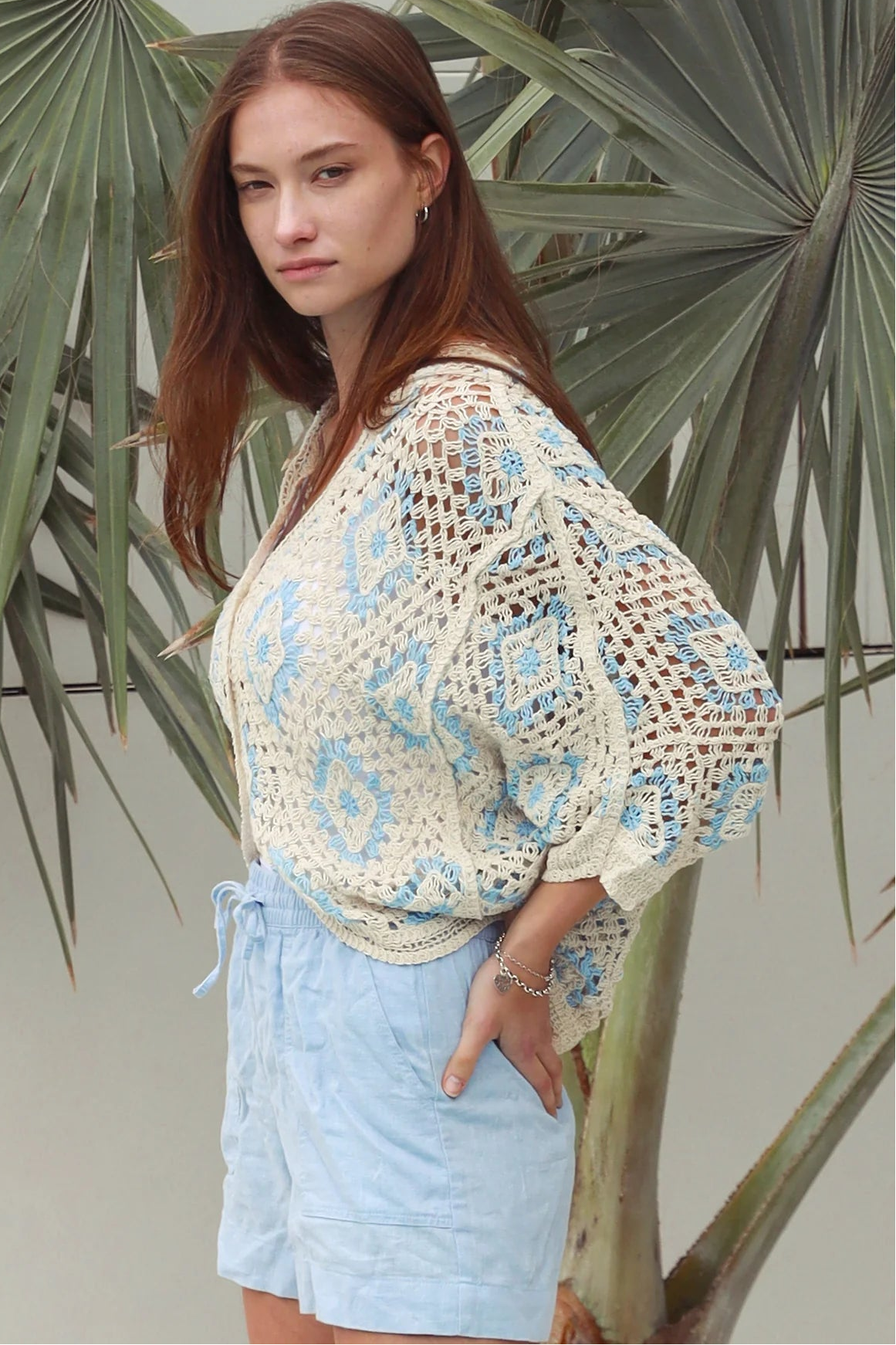 Cotton crochet cardigan with blue diamond detailing dropped shoulders V neck button front Australia Boho Fashion