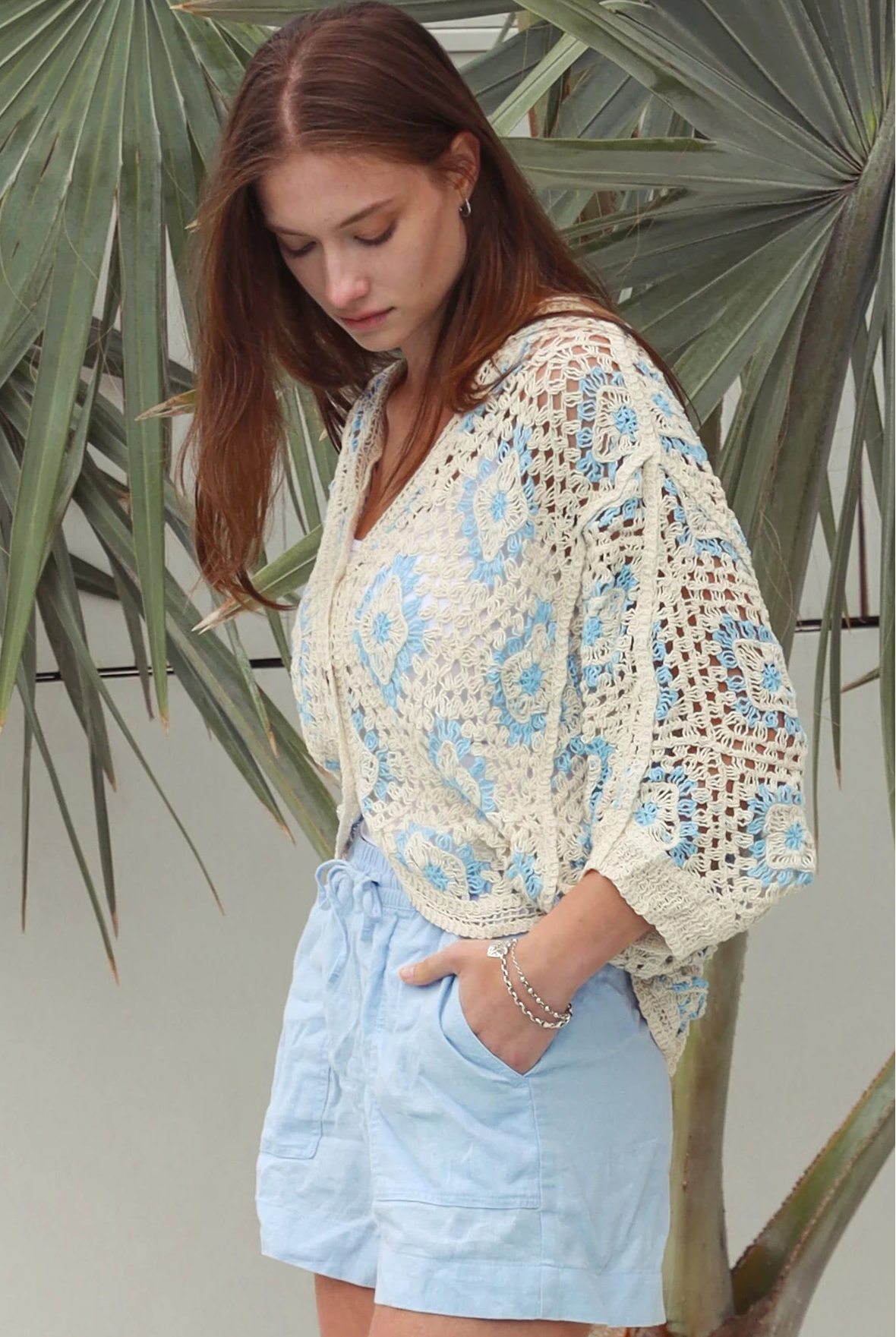 Cotton crochet cardigan with blue diamond detailing dropped shoulders V neck button front Australia Boho Fashion
