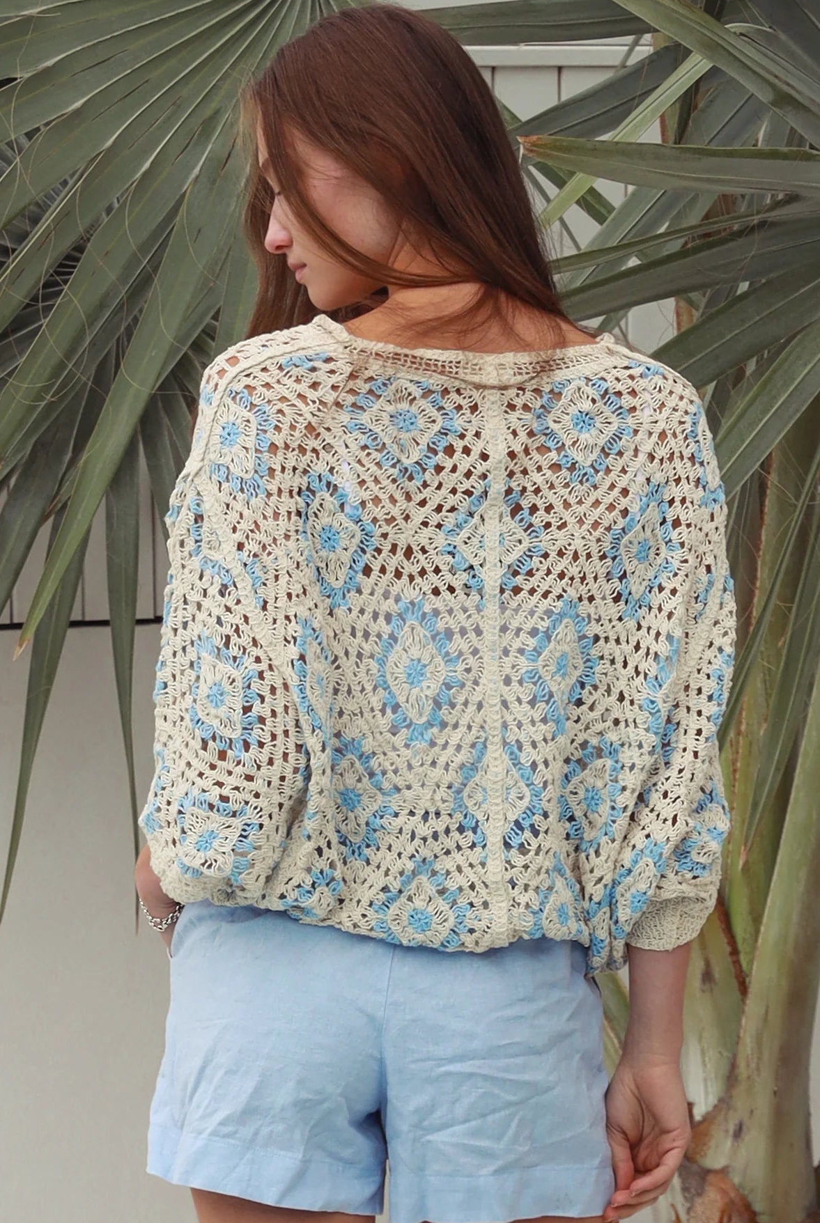 Cotton crochet cardigan with blue diamond detailing dropped shoulders V neck button front Australia Boho Fashion