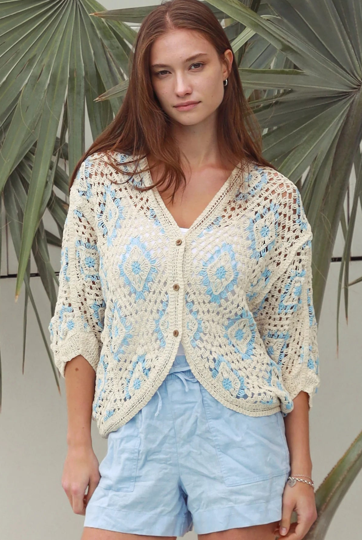 Cotton crochet cardigan with blue diamond detailing dropped shoulders V neck button front Australia Boho Fashion
