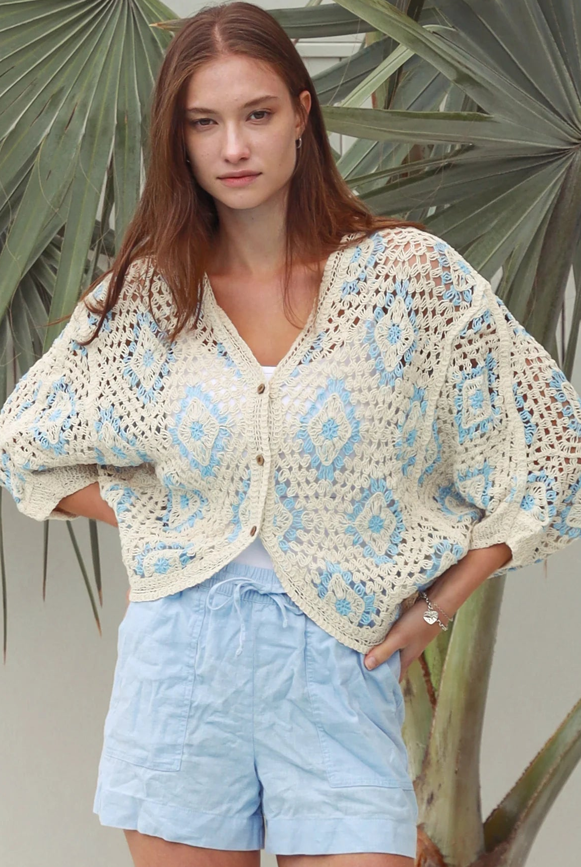 Cotton crochet cardigan with blue diamond detailing dropped shoulders V neck button front Australia Boho Fashion
