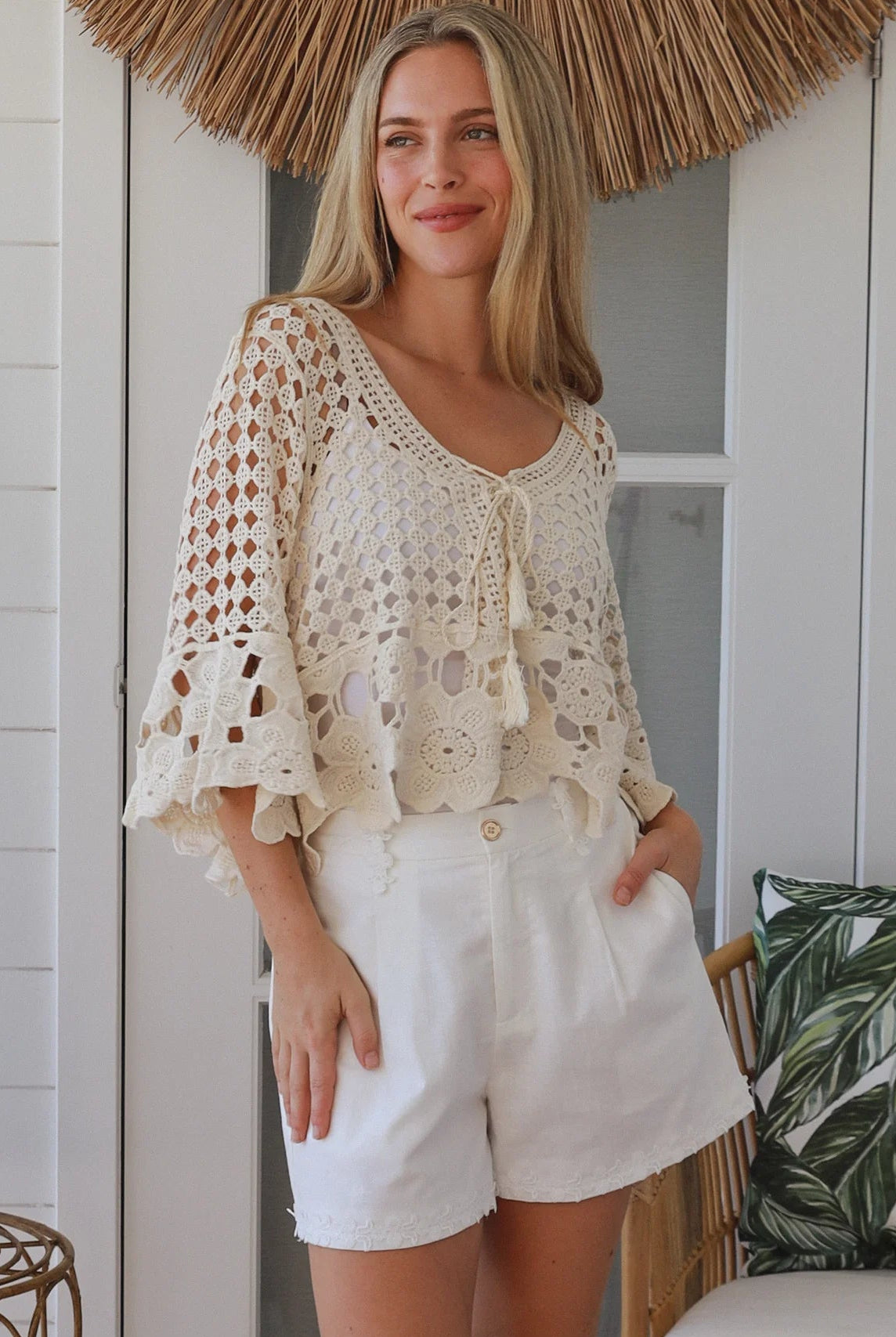 Cream cotton crochet boho top with tassel ties and three quarter bell sleeves lightweight textured blouse Australia