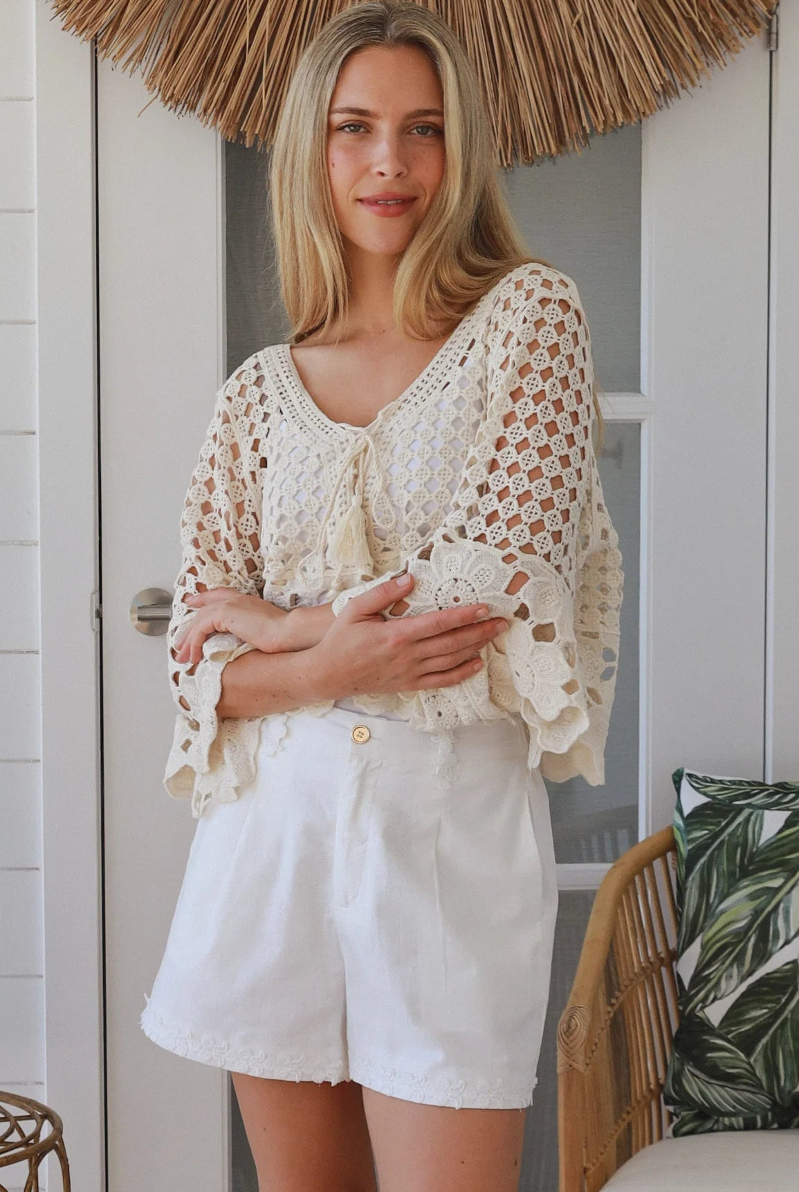 Cream cotton crochet boho top with tassel ties and three quarter bell sleeves lightweight textured blouse Australia
