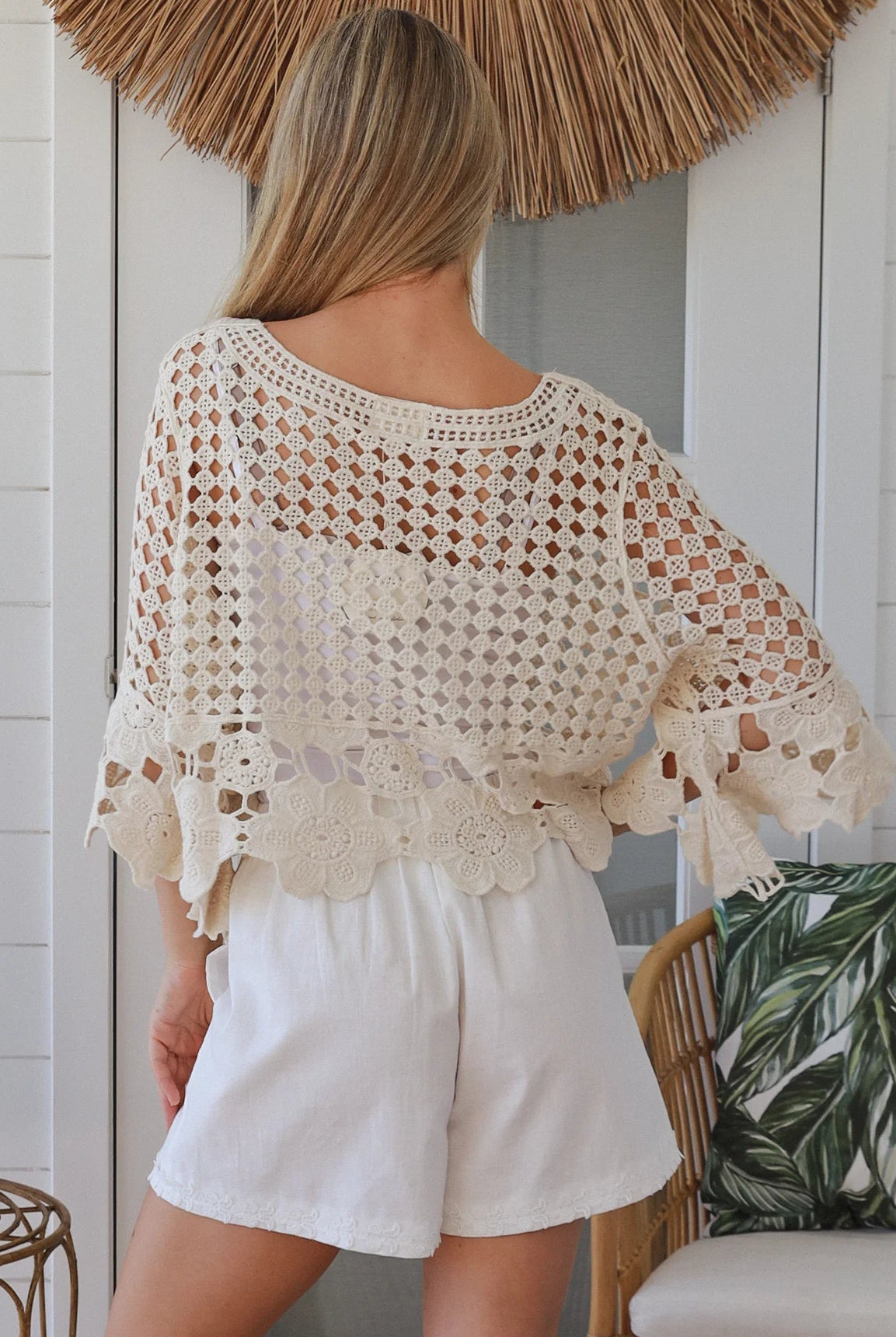 Cream cotton crochet boho top with tassel ties and three quarter bell sleeves lightweight textured blouse Australia