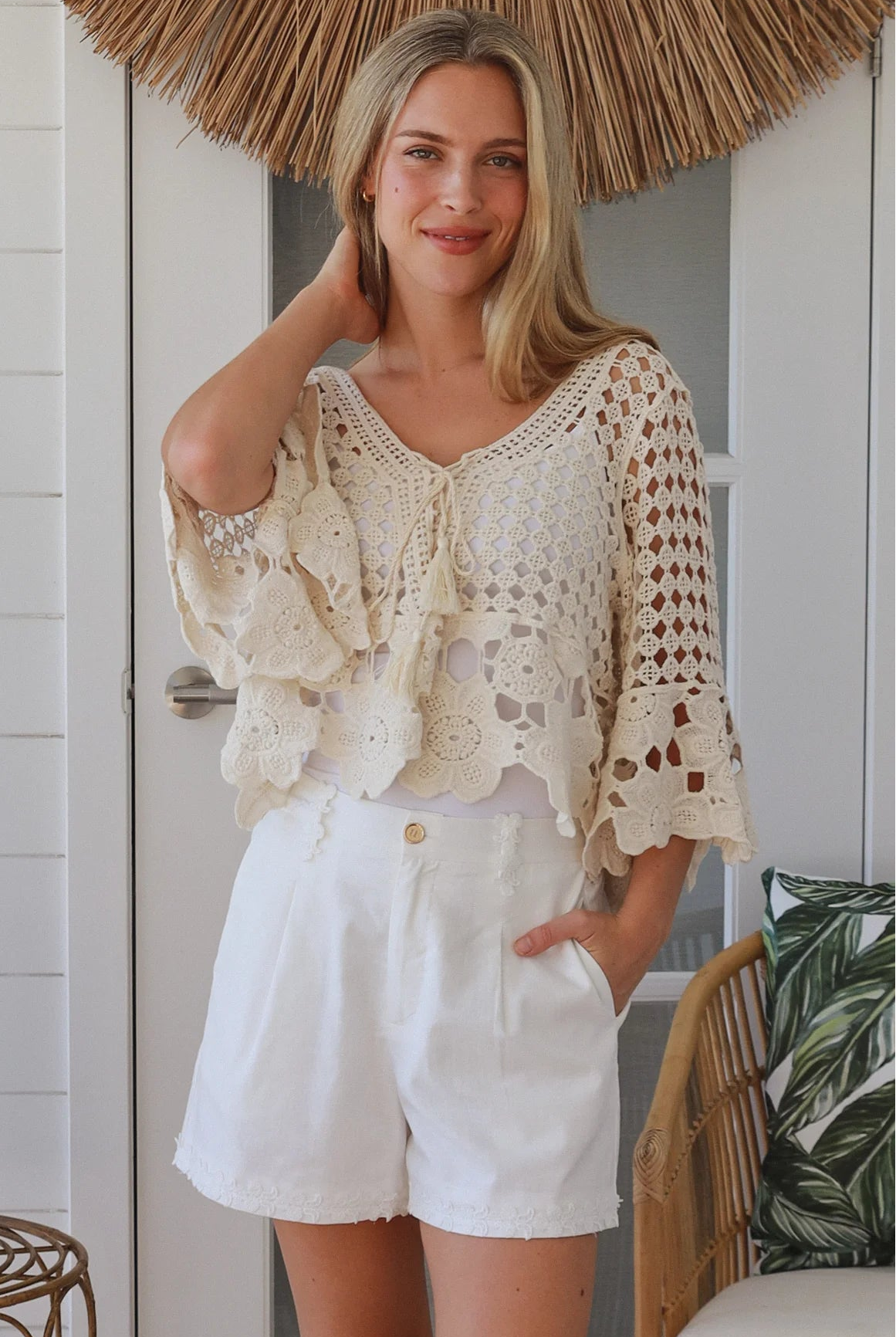Cream cotton crochet boho top with tassel ties and three quarter bell sleeves lightweight textured blouse Australia
