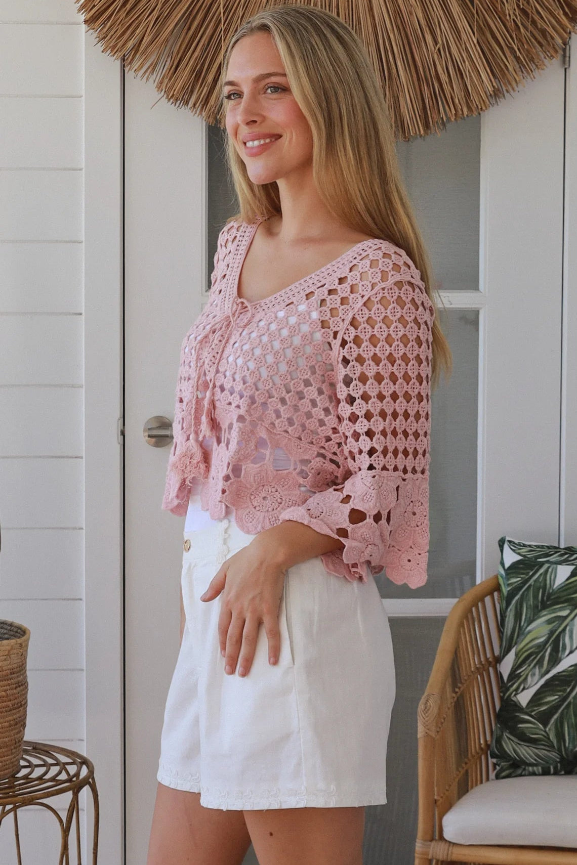 Blush pink cotton crochet boho top with tassel tie neckline and bell sleeves. Breathable 100% cotton by Willow the Label.