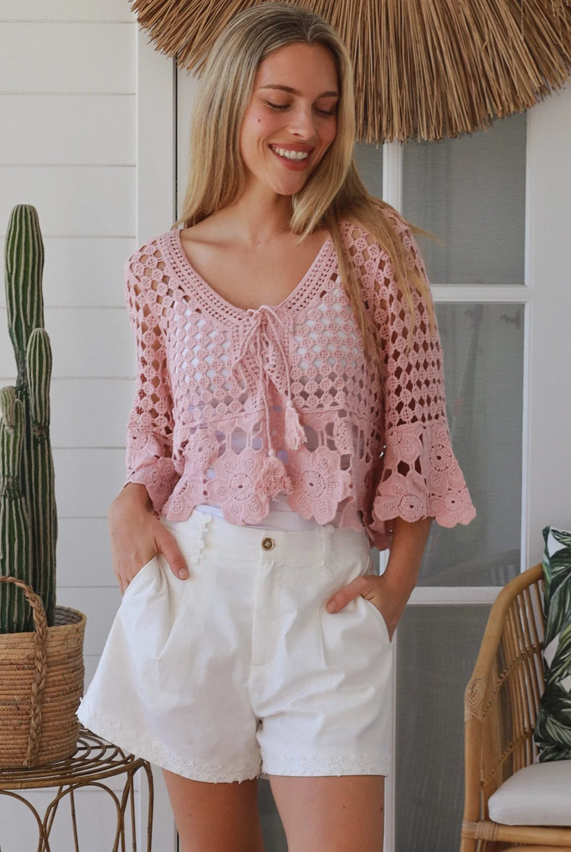 Blush pink cotton crochet boho top with tassel tie neckline and bell sleeves. Breathable 100% cotton by Willow the Label.
