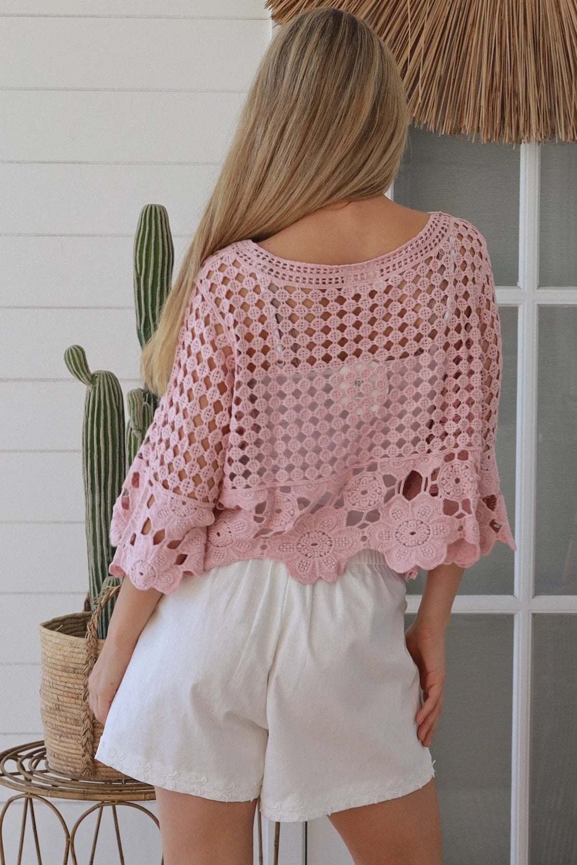 Blush pink cotton crochet boho top with tassel tie neckline and bell sleeves. Breathable 100% cotton by Willow the Label.