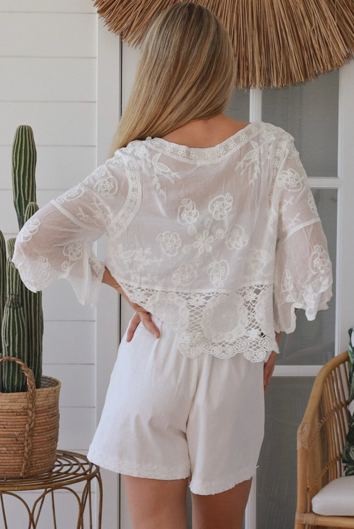 white embroidered cotton and crochet boho top with scalloped sleeves breathable cotton blouse australia