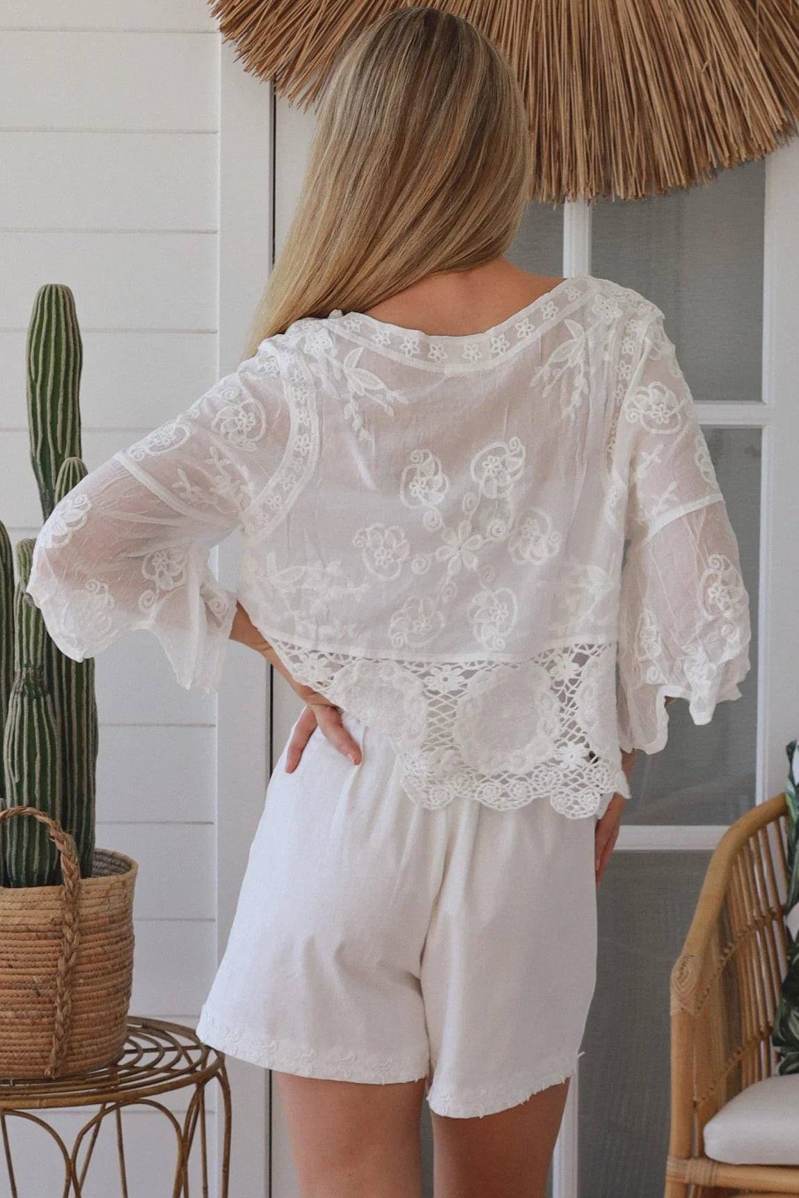 white embroidered cotton and crochet boho top with scalloped sleeves breathable cotton blouse australia