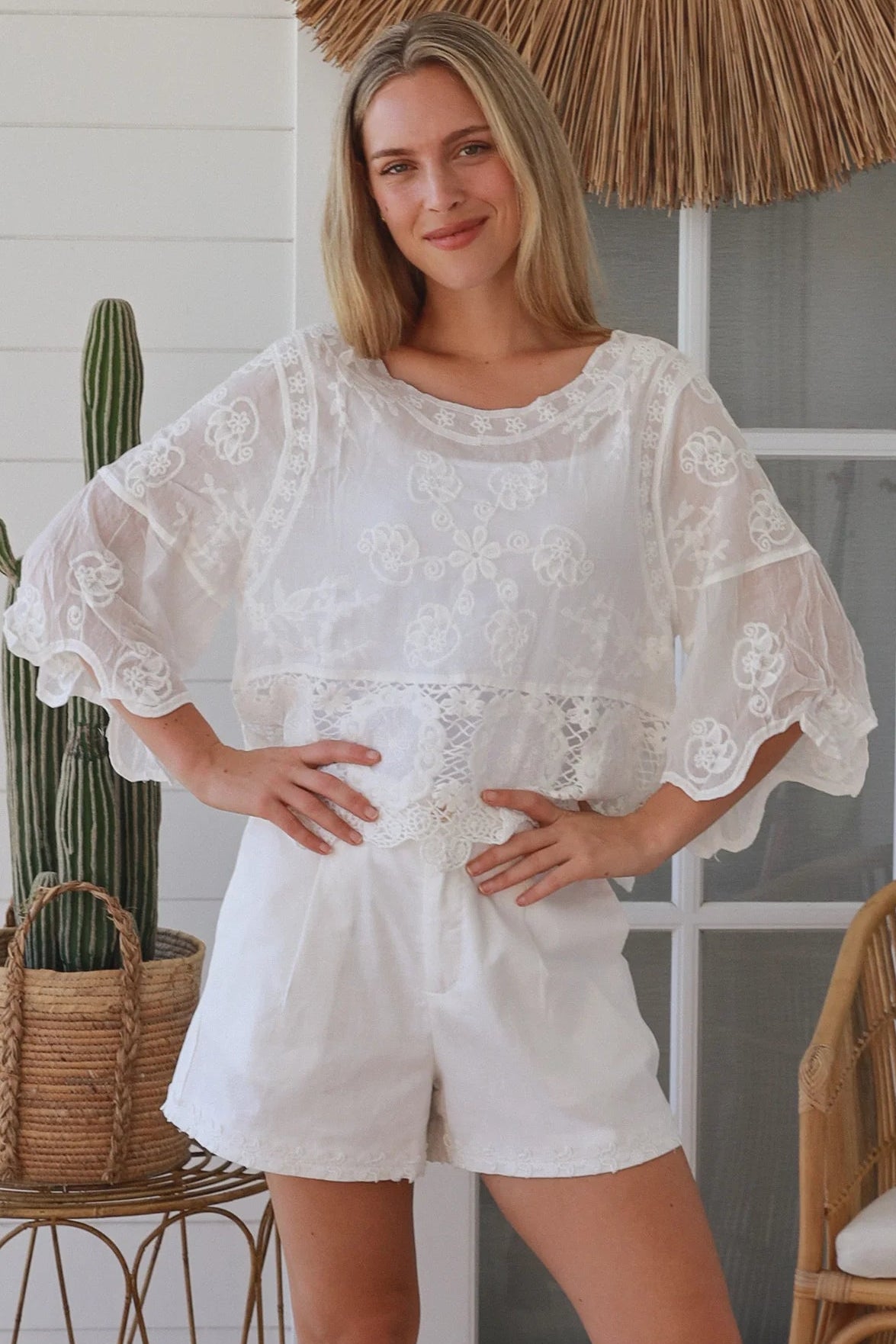 white embroidered cotton and crochet boho top with scalloped sleeves breathable cotton blouse australia