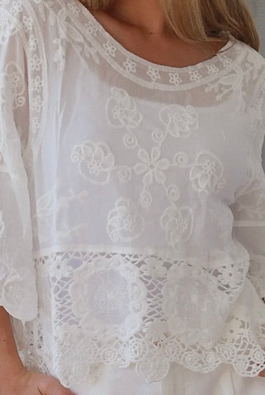 white embroidered cotton and crochet boho top with scalloped sleeves breathable cotton blouse australia