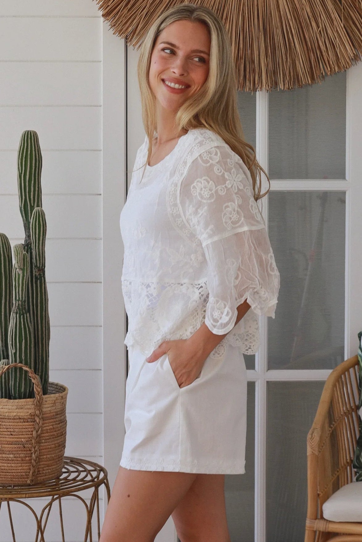white embroidered cotton and crochet boho top with scalloped sleeves breathable cotton blouse australia