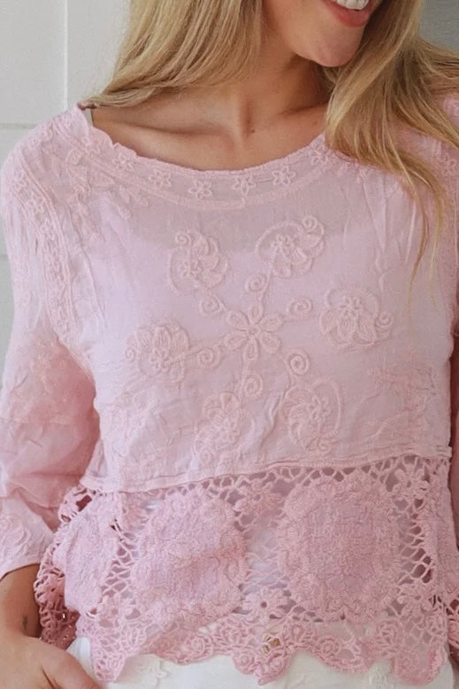 pink embroidered cotton and crochet boho top with scalloped sleeves breathable cotton blouse australia