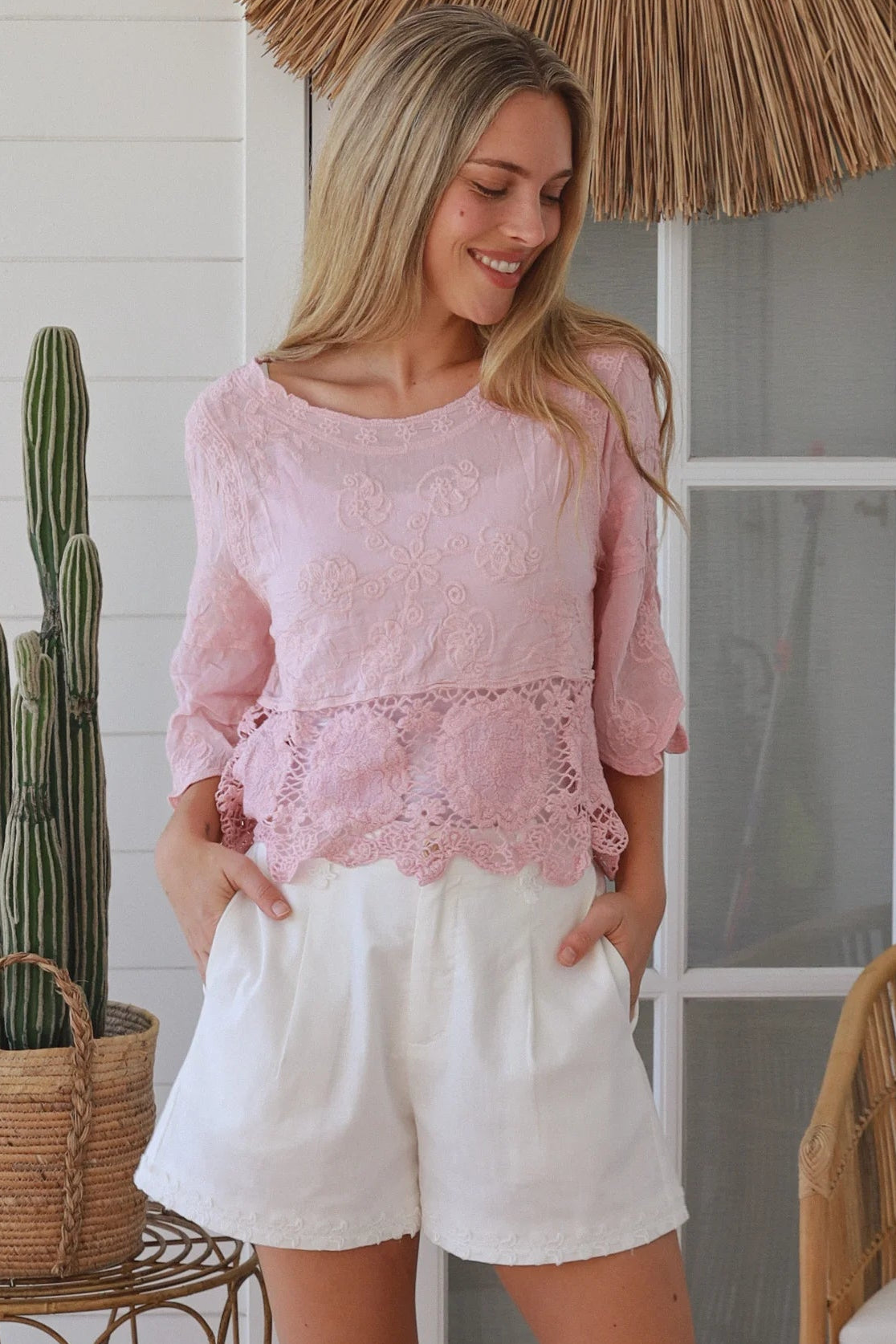 pink embroidered cotton and crochet boho top with scalloped sleeves breathable cotton blouse australia