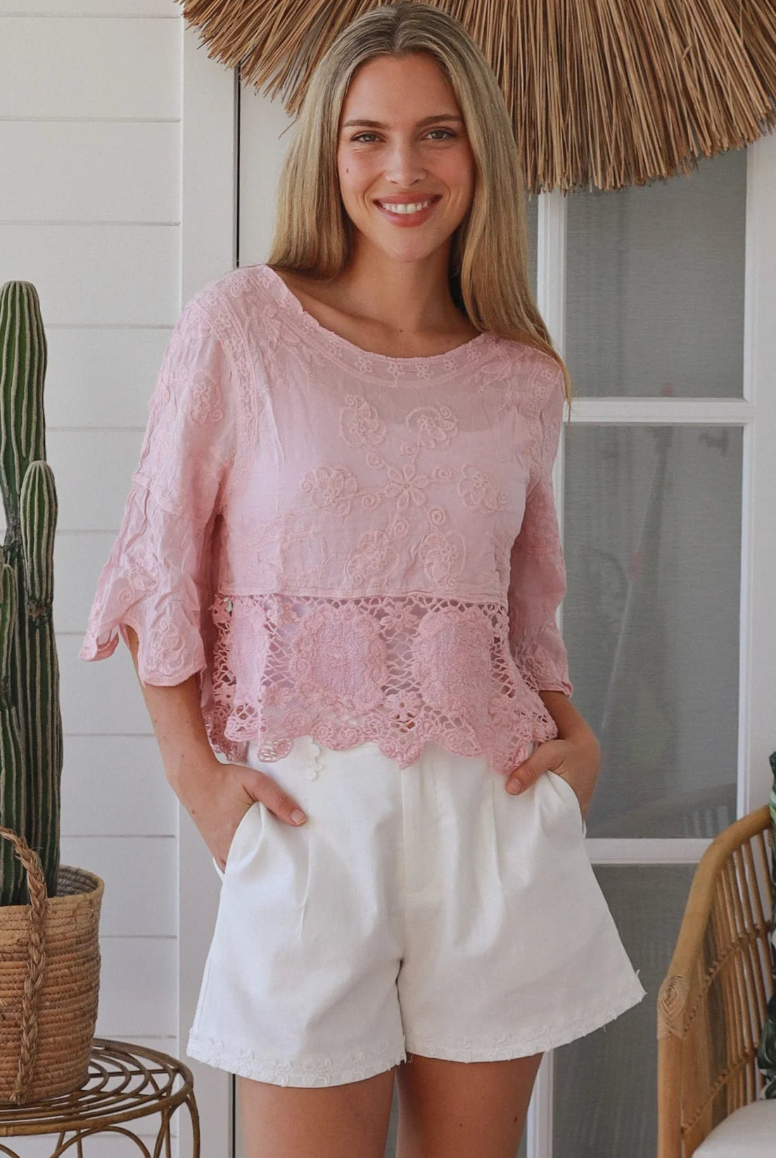 pink embroidered cotton and crochet boho top with scalloped sleeves breathable cotton blouse australia
