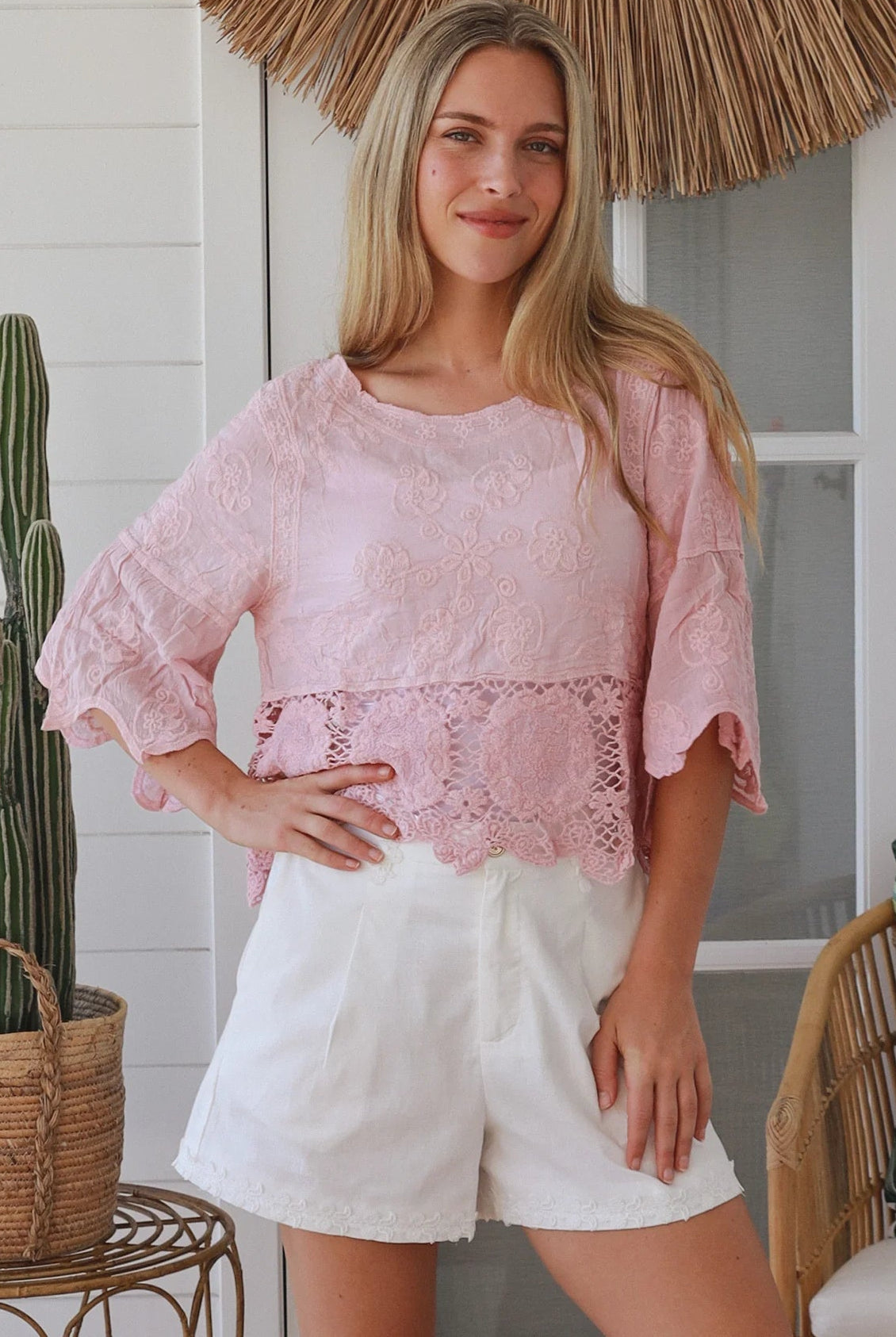 pink embroidered cotton and crochet boho top with scalloped sleeves breathable cotton blouse australia